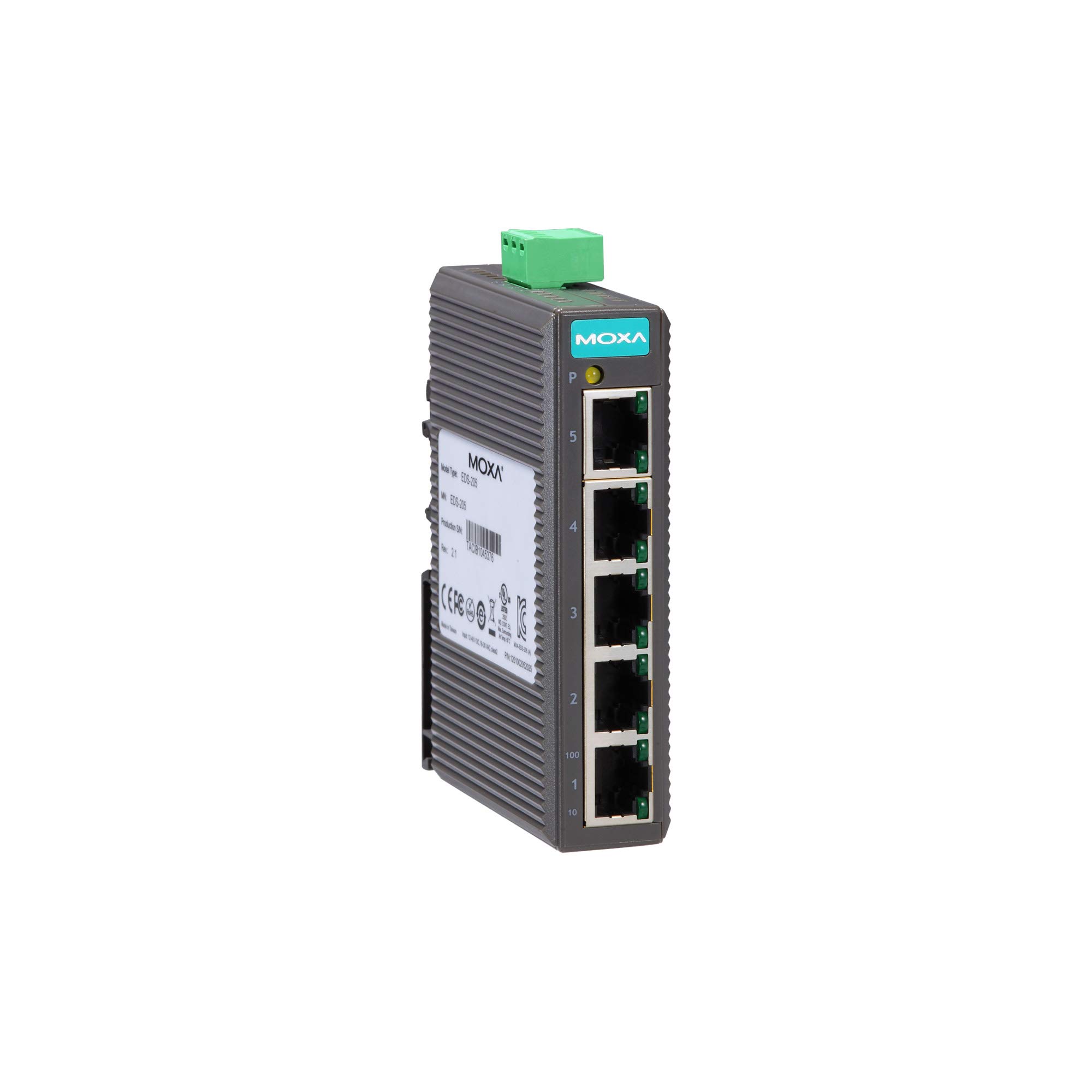 Moxa EDS-205 5-Port Unmanaged Industrial Ethernet Switch | 10/100Base-TX RJ45 Ports | Durable Plastic Housing | Wide Operating Temp -10~60°C | Ideal for Factory Automation & Harsh Environments