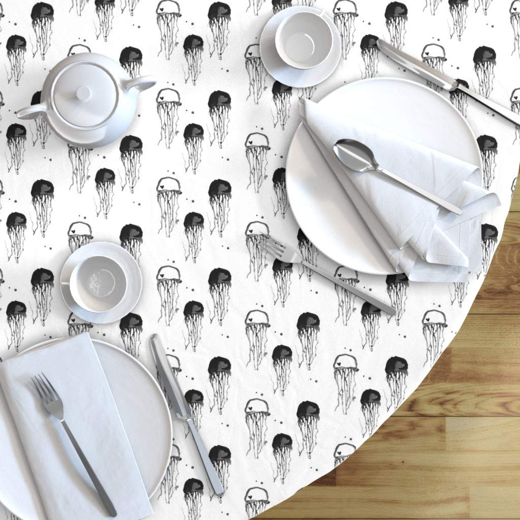 Custom Jellyfish Heart Ocean Watercolor Print Cotton Sateen Tablecloth - 70
