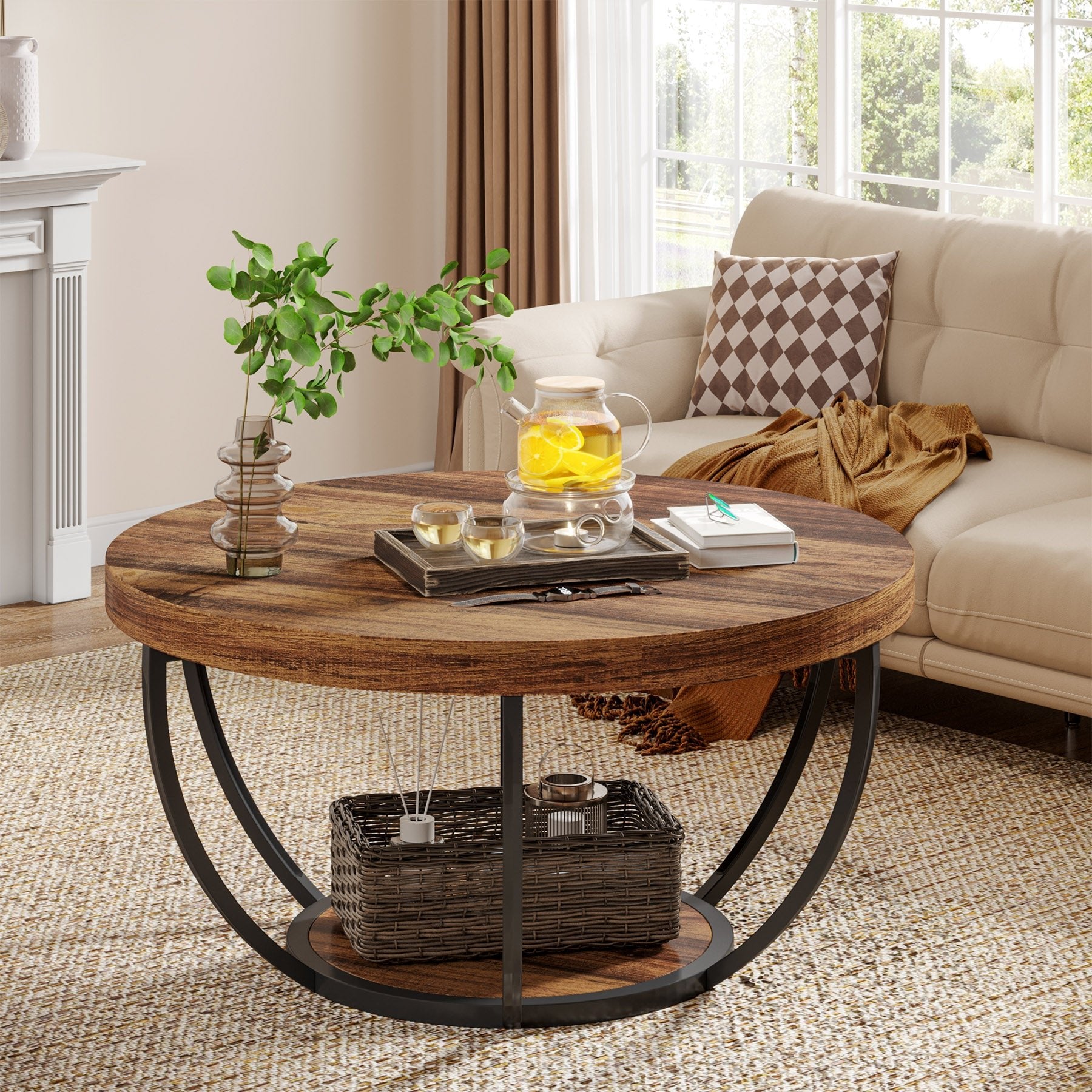 2-Tier Round Wooden Coffee Table with Storage Shelf - Modern Living Room Centerpiece for Home Decor & Entertaining