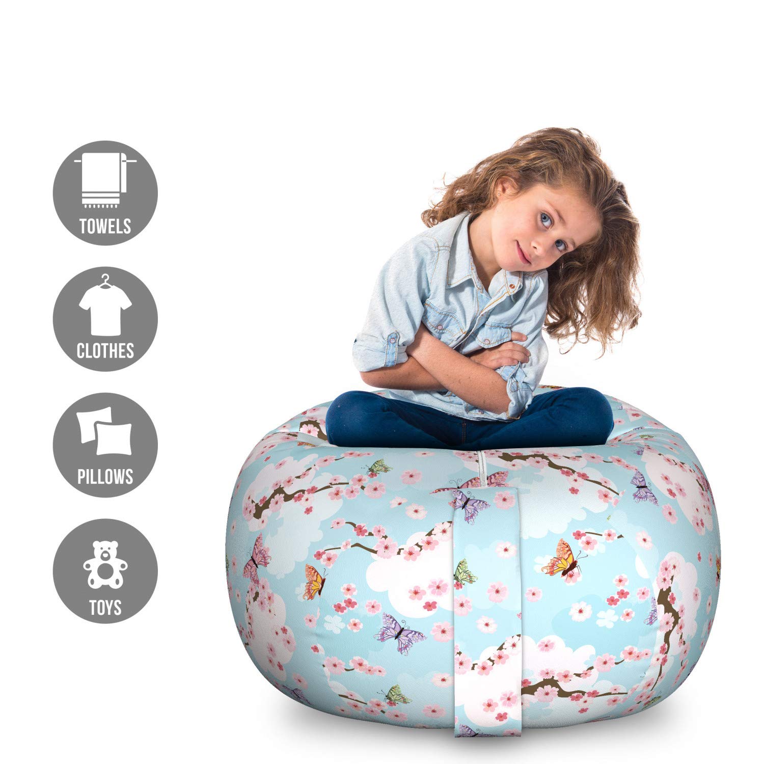 Ambesonne Cherry Blossom Storage Toy Bag Chair - Large Washable Stuffed Animal Organizer with Spring Nature Design, Butterflies & Clouds - Perfect for Kids' Room, Nursery, Playroom & Toy Storage Organization