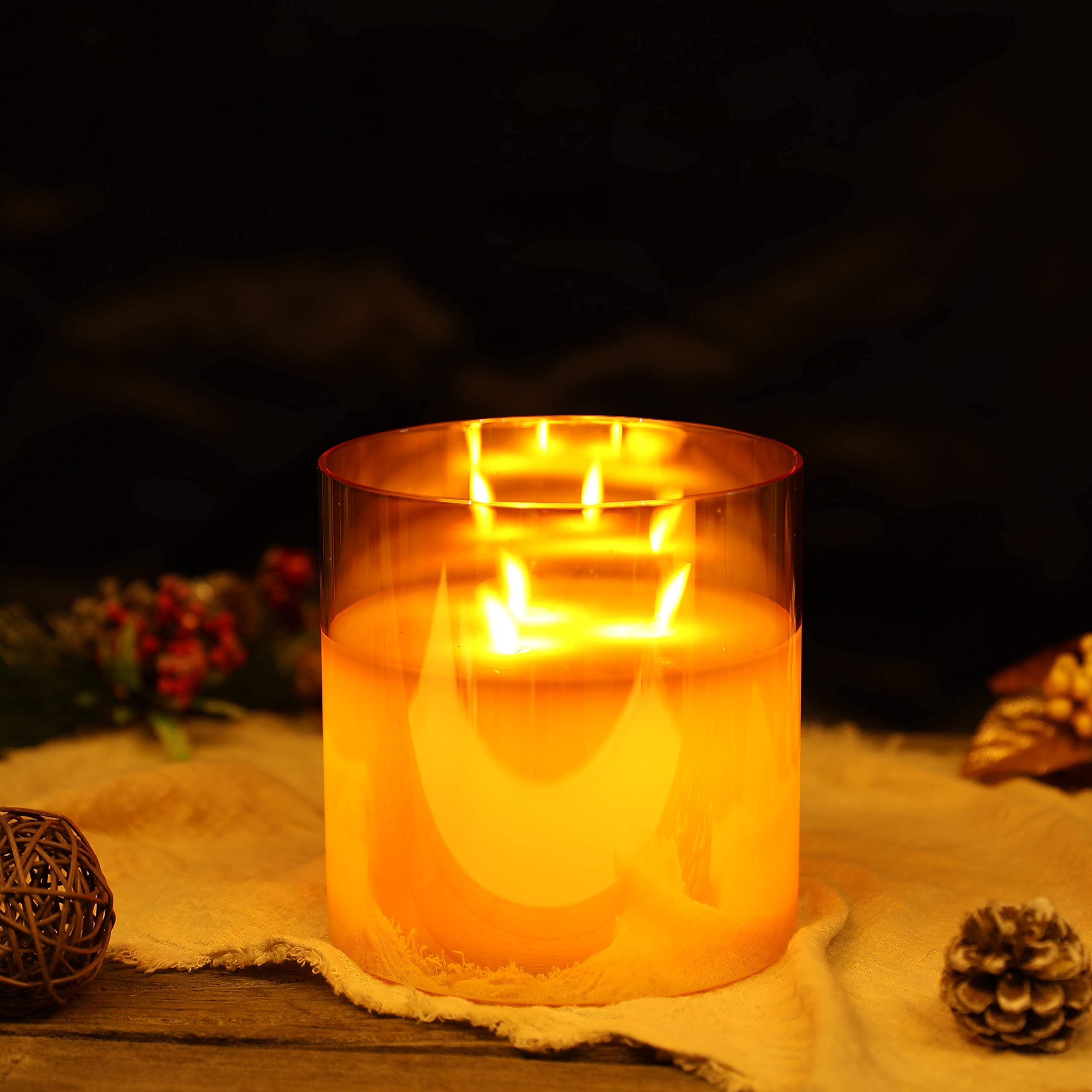 JHY DESIGN 6-Inch Large Flameless LED Candle with 3 Wicks - Battery Operated Moving Flame Effect, 6-Hour Timer, Realistic 3D Glass Design - Perfect for Christmas Decor, Party Centerpiece, Wedding, Living Room, Dining Table & Bar Decor (Gold)