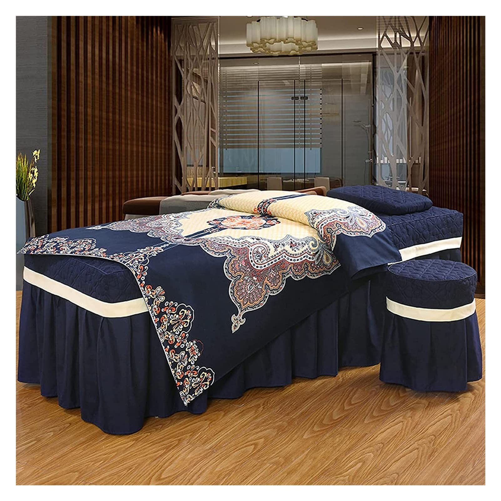 SPA Treatment Beauty Salon Massage Table Bed Skirt Set - 4-Piece Soft Cotton Facial Bed Cover with Square Head Design for Physiotherapy & Skincare Treatments | Perfect for Professional Salons, Spas & Home Use