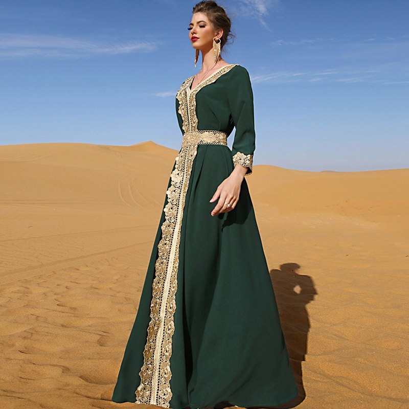 Vintage Elegant Women's Caftan Dress - Lace Embroidered Middle Eastern Style Kaftan for Boho Chic, Beach Cover Up, and Special Occasions