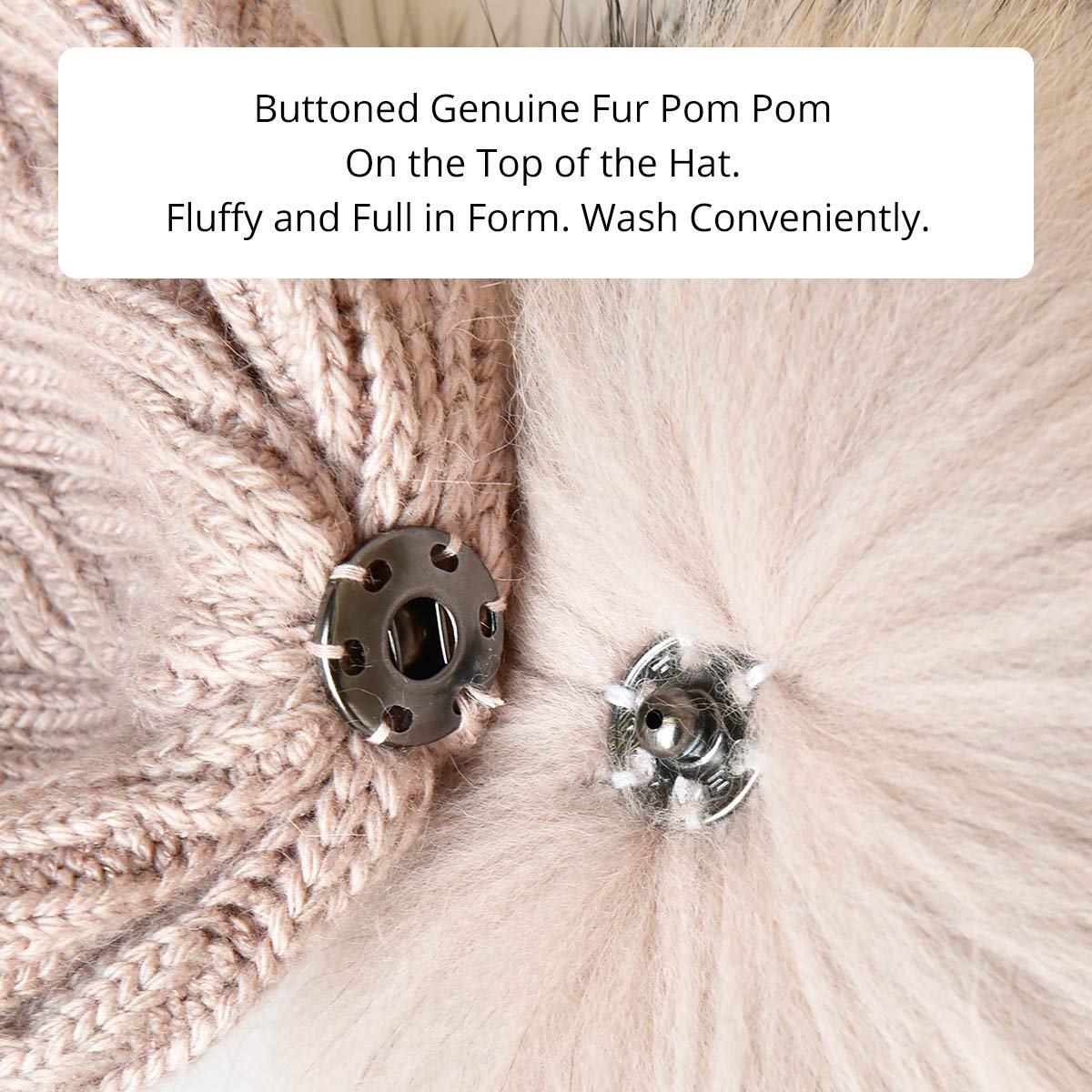 Women's Winter Fur Pom Pom Beanie Hat - Warm Knitted Wool Ski Cap with Cuff for Cold Weather - Perfect for Skiing, Snowboarding & Outdoor Activities