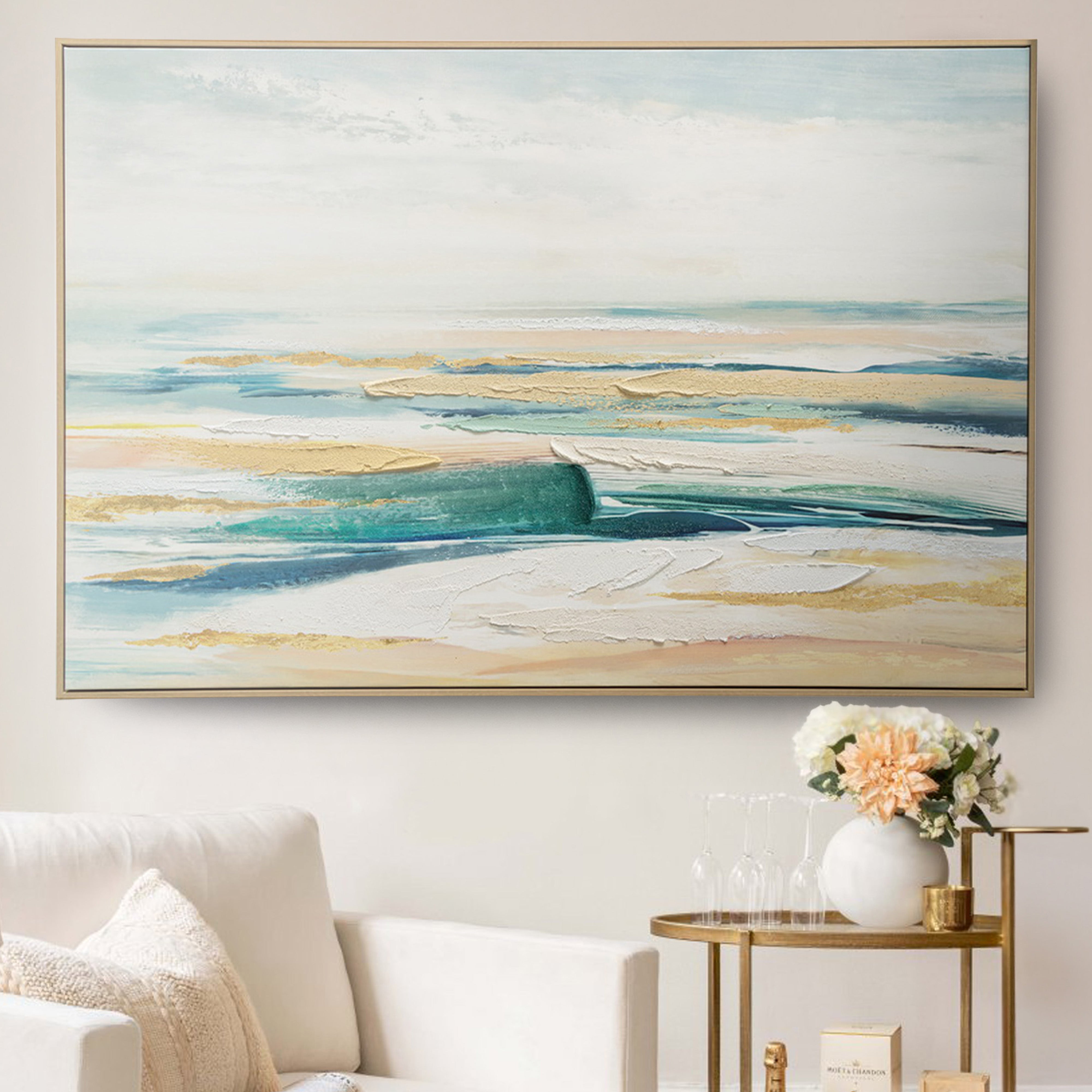Urban Style Abstract Coastal Brushmarks Embellished Canvas Wall Art - Perfect for Beach House, Living Room & Office Decor