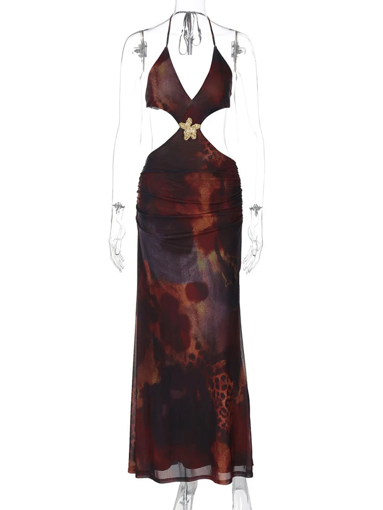 Sexy Deep V Neck Halter Maxi Dress for Women - Floral Print Hollow Out Sleeveless Backless Long Gown | Perfect for Beach Vacation, Summer Party & Evening Events