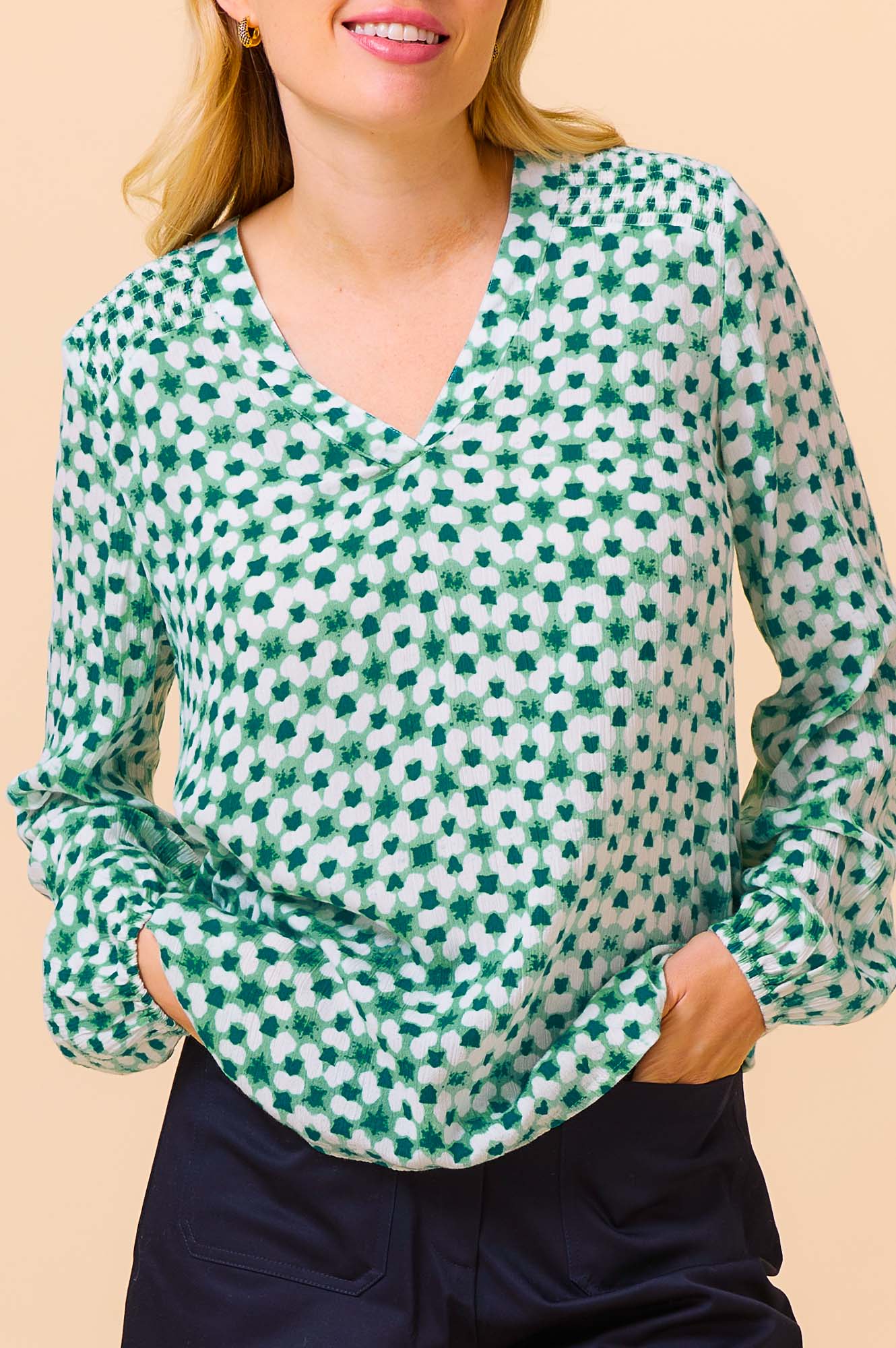 Clea Blouse | Maui Green & White Floral Print Women's Top | Perfect for Casual Wear, Office Outfits & Summer Vacations