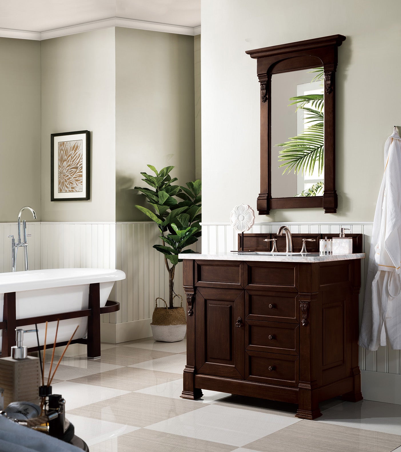 Brookfield 36 Inch Single Bathroom Vanity with Burnished Mahogany Finish & 3CM Carrara Marble Top - Perfect for Modern Master Bathrooms & Guest Powder Rooms