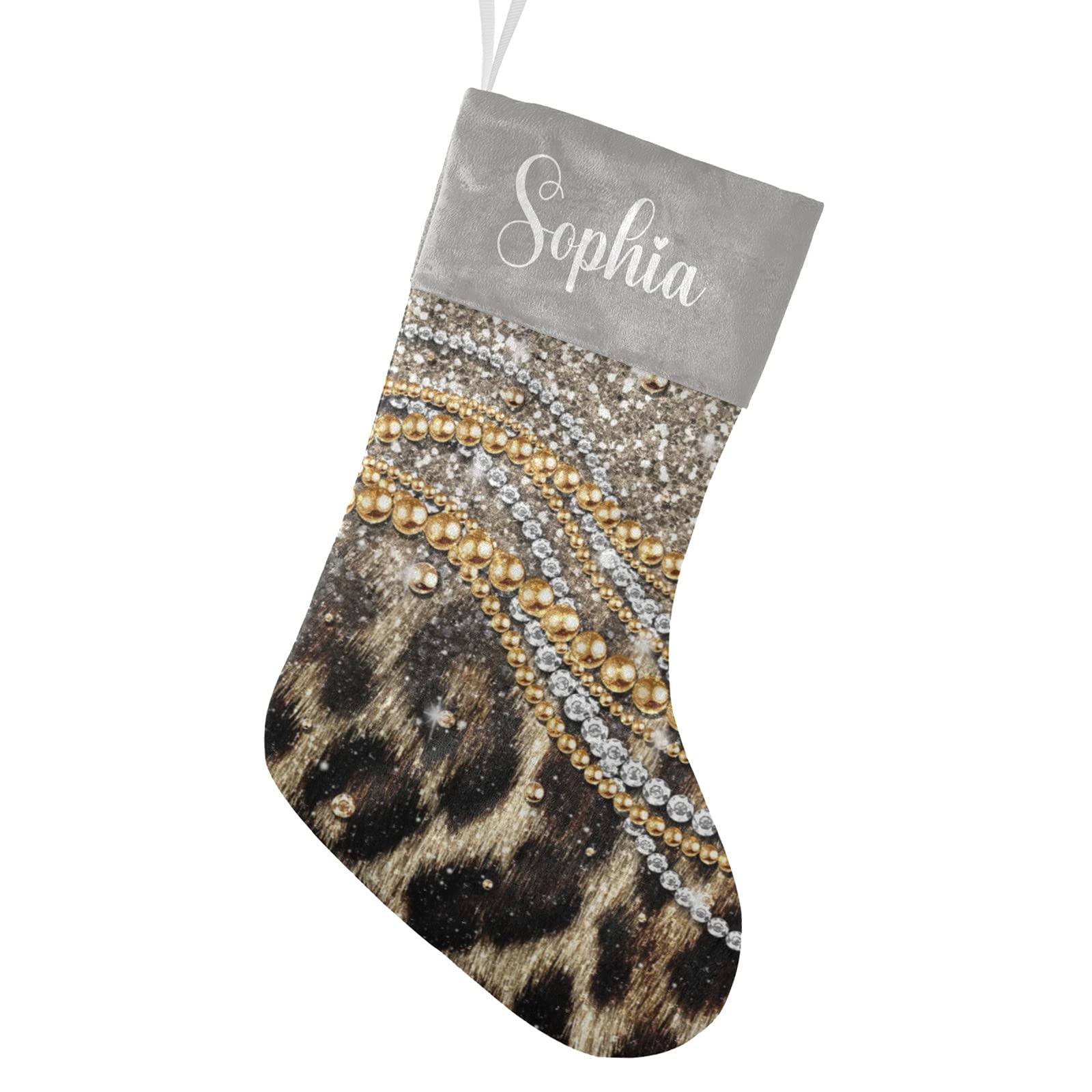 Personalized Christmas Stockings with Name - Bling Pearl & Leopard Print Holiday Decor - 17.52 x 7.87 Inch Family Xmas Gift for Fireplace Mantel, Tree Decorations & Festive Home Styling