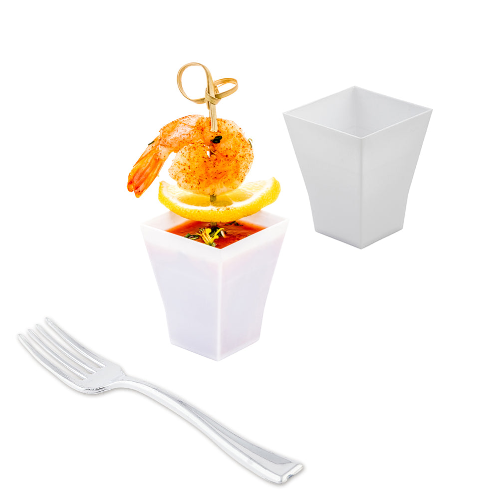 100 Pack 2 oz Square White Plastic Bonito Cups with 100 Silver Plastic Mini Forks - Perfect for Sushi, Appetizers, and Party Snacks