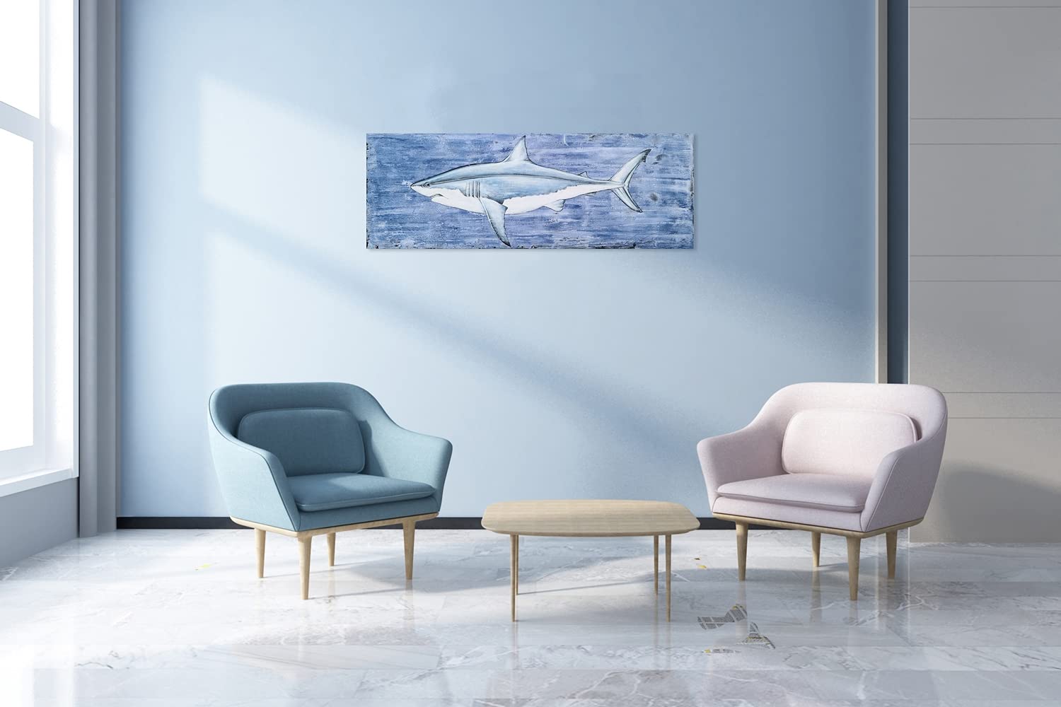 Hand Painted Coastal Canvas Wall Art - Modern Abstract Blue & White Fish & Shark Paintings - Textured Contemporary Ocean Themed Decor for Living Room, Bedroom, Bathroom - Perfect for Beach House, Office & Nautical Interior Design