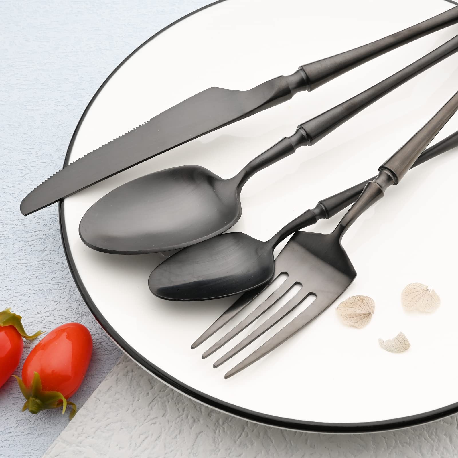 Premium 30-Piece 18/10 Stainless Steel Flatware Set - Satin Finish Silverware for 6, Elegant Tableware Cutlery Set with Black Handles, Dishwasher Safe Kitchen Utensils | Perfect for Dinner Parties, Wedding Gifts & Upscale Dining