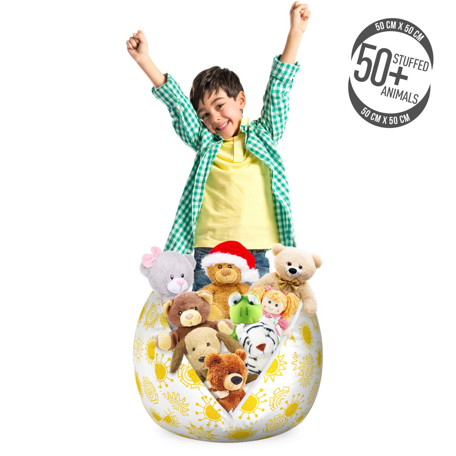 Ambesonne Cartoon Toy Storage Bag Chair - Washable Stuffed Animal Organizer with Sun Phase Design, Small Size in Mustard & White | Perfect for Kids' Room Organization & Playroom Decor