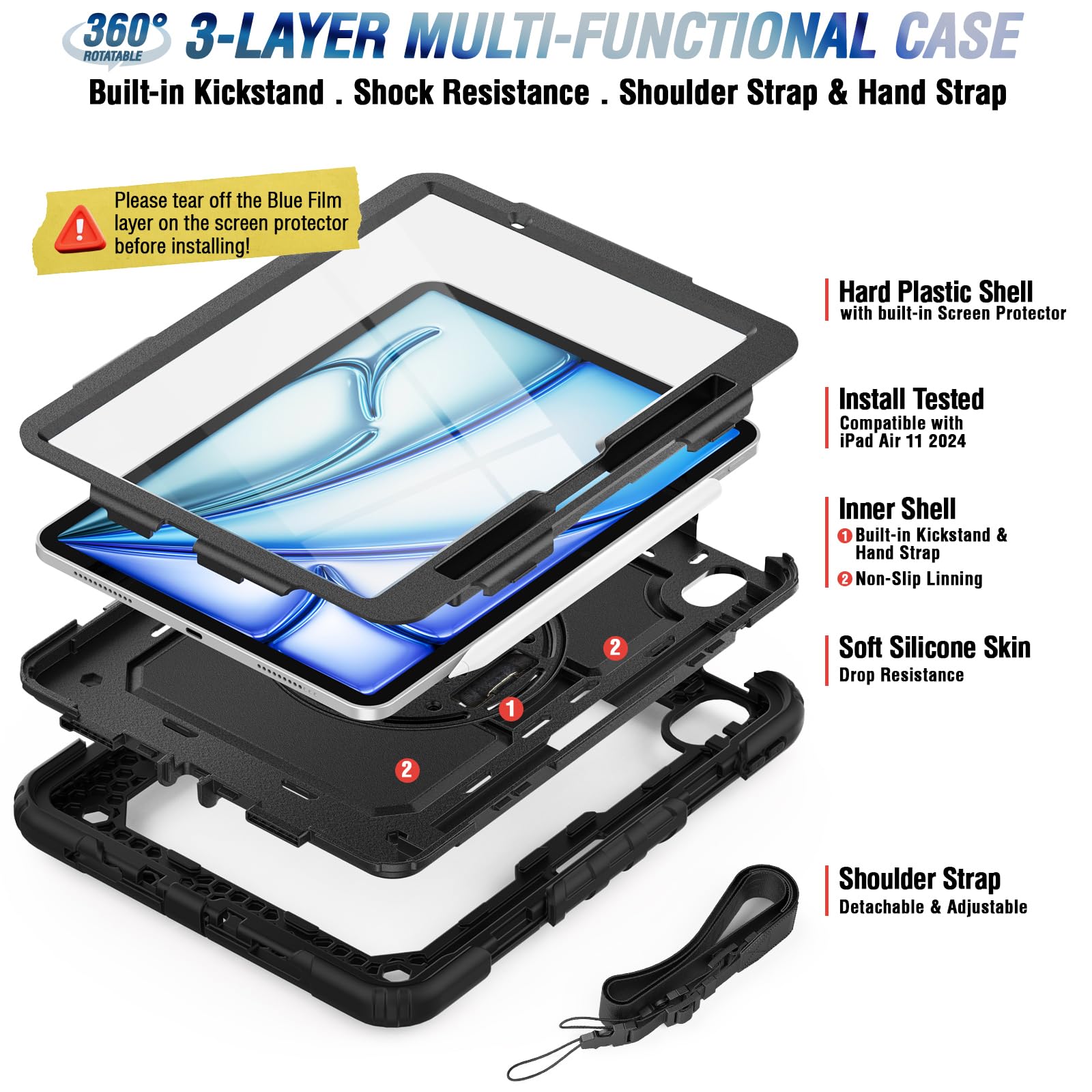 Herize iPad Air 11 Inch Case (2024/2025, 7th/6th Gen) - Shockproof Silicone Cover with Built-in Stand, Screen Protector & Pen Holder | Shoulder Strap Included | Perfect for Work, Travel & Outdoor Use
