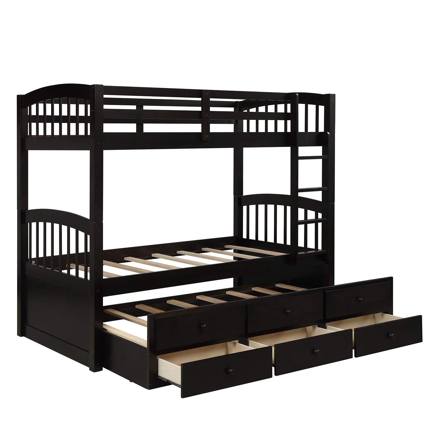 Harper&Bright Designs Twin-Over-Twin Bunk Bed with Safety Rail & Ladder, Twin Trundle Bed Frame with 3 Drawers - Space Saving Kids & Teens Bedroom Furniture, Guest Room Solution in Dark Espresso Finish - Perfect for Small Rooms, Sleepovers & Vacation Homes