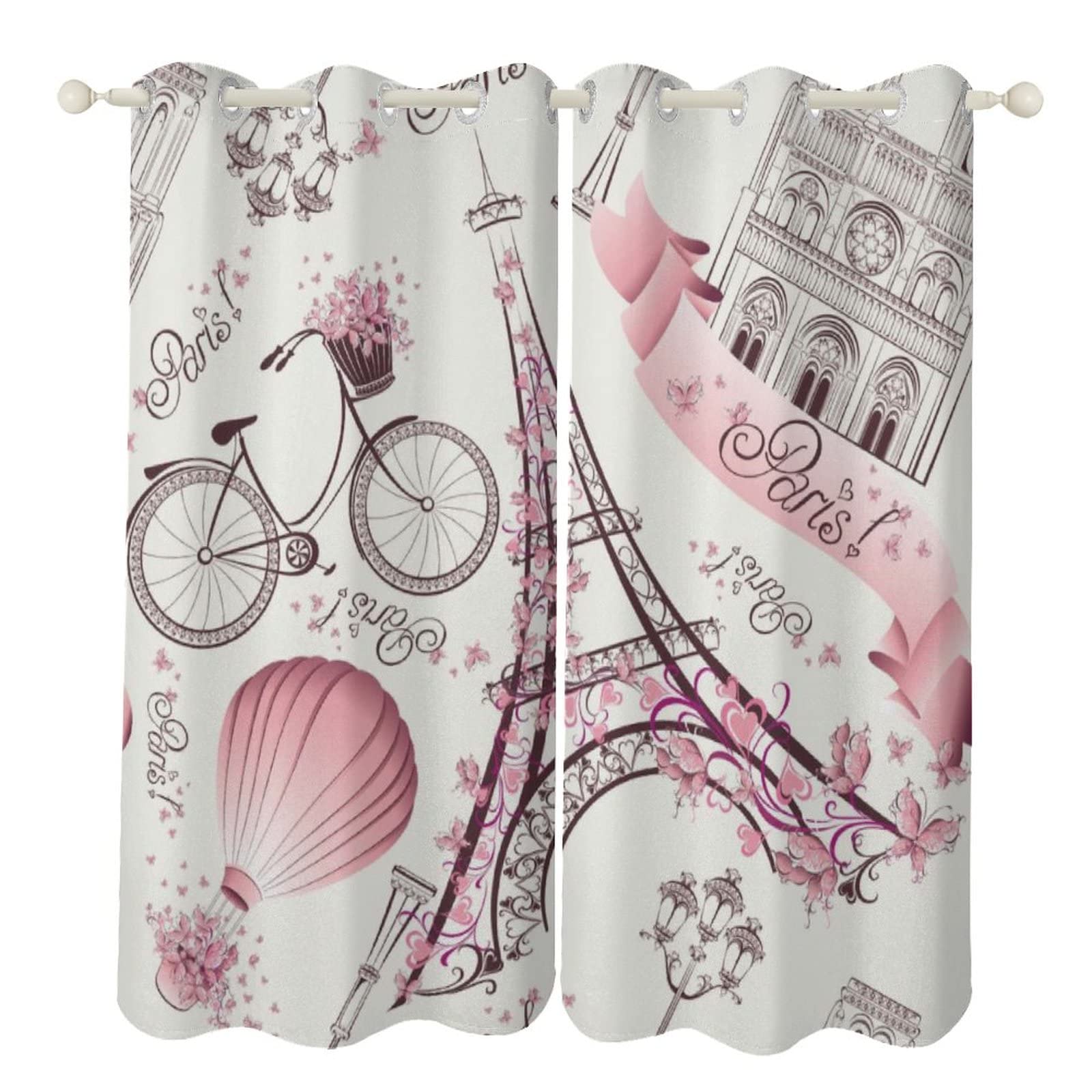 Blackout Thermal Insulation Grommet Window Curtains - Pink Paris Eiffel Tower & Balloons Design - 52x39 Inch Set of 2 Panels for Living Room, Bedroom, Kitchen & Cafe Decor | Perfect for Light Blocking, Privacy & Home Decoration