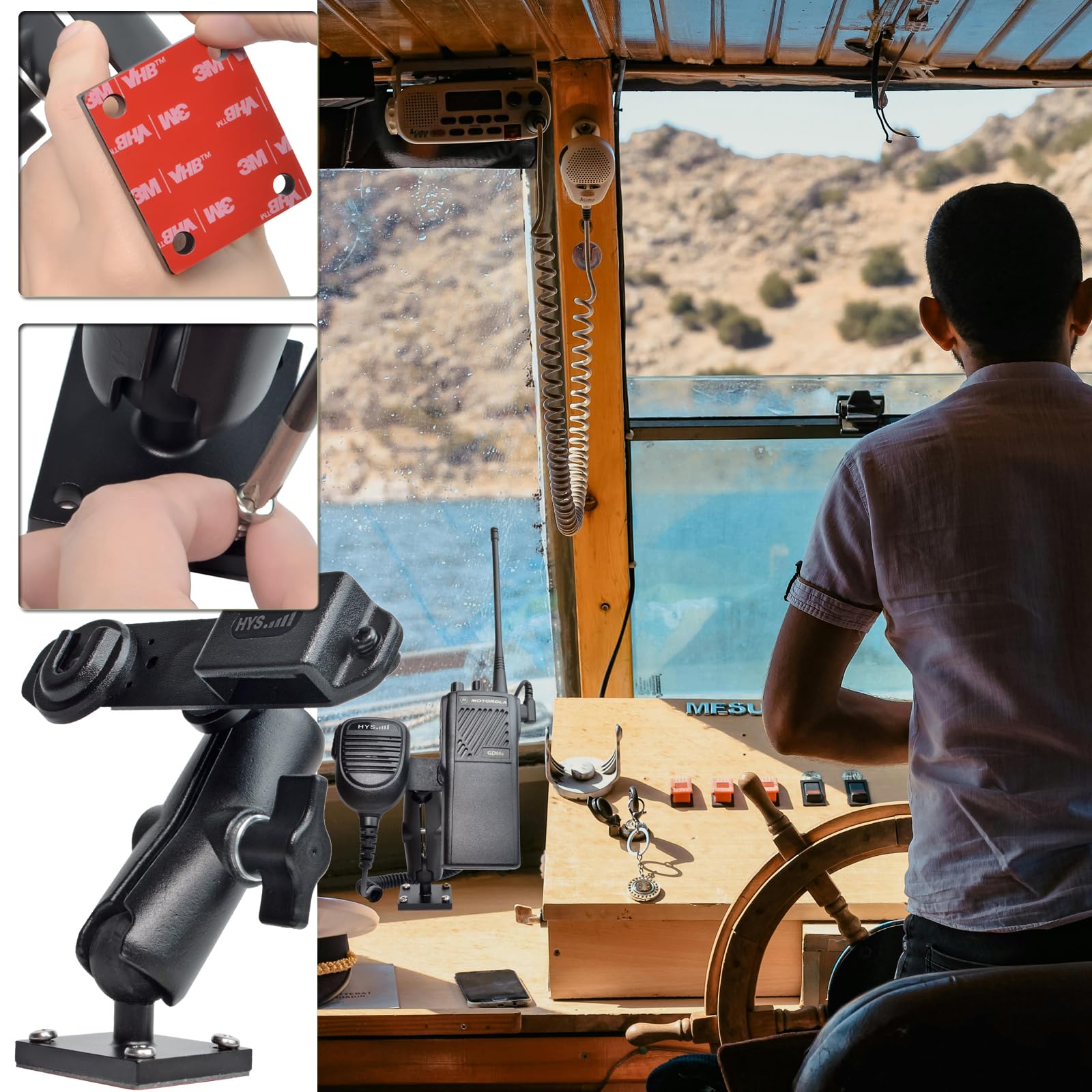HYS Heavy Duty Drill Base Tablet Holder Mount for Trucks & Vehicles - Aluminum Arm Stand for HT Radios (Motorola SL300, APX6000, APX8000) & CB Radio Mics - Perfect for Police, Construction & Fleet Management Use