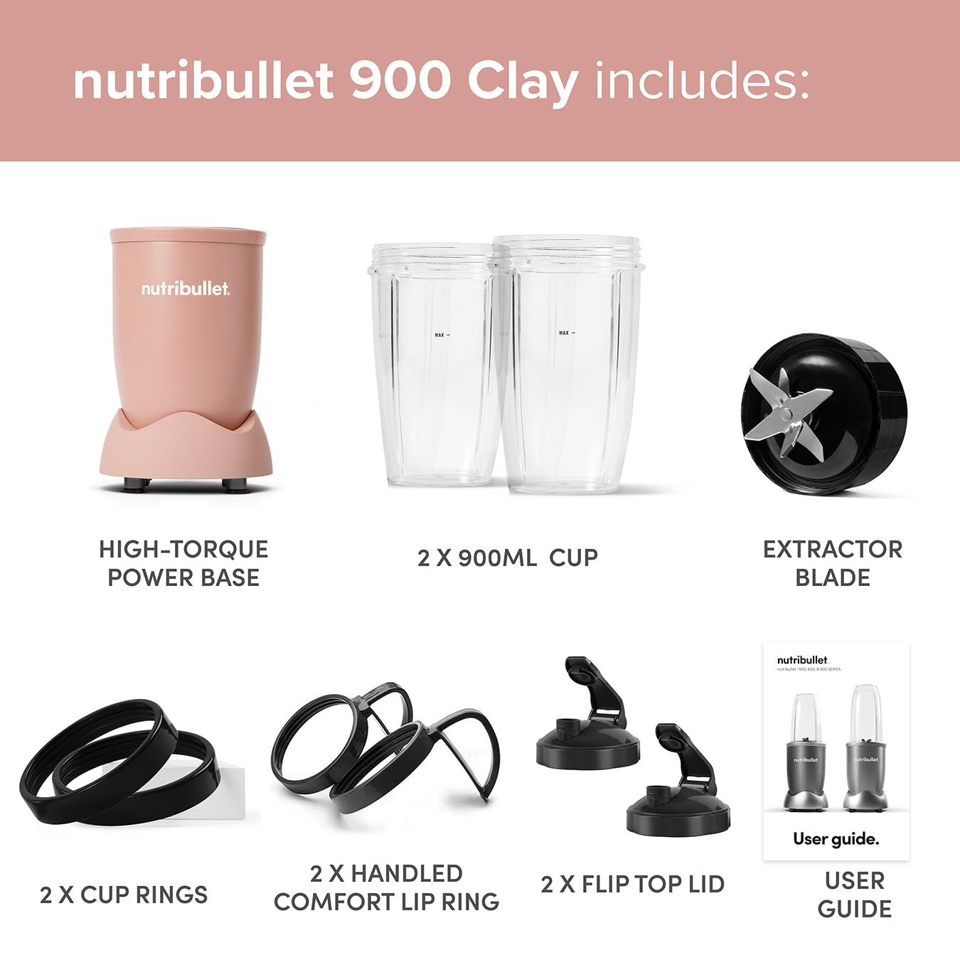 Nutribullet Blender 900 Series - 1200W 25,000 RPM High-Speed Blender for Smoothies, Juices & Frozen Drinks | 11-Piece Kit with Travel Cups, Lids & Accessories | Perfect for Home Kitchen, Gym & Office Use (Matte Clay)