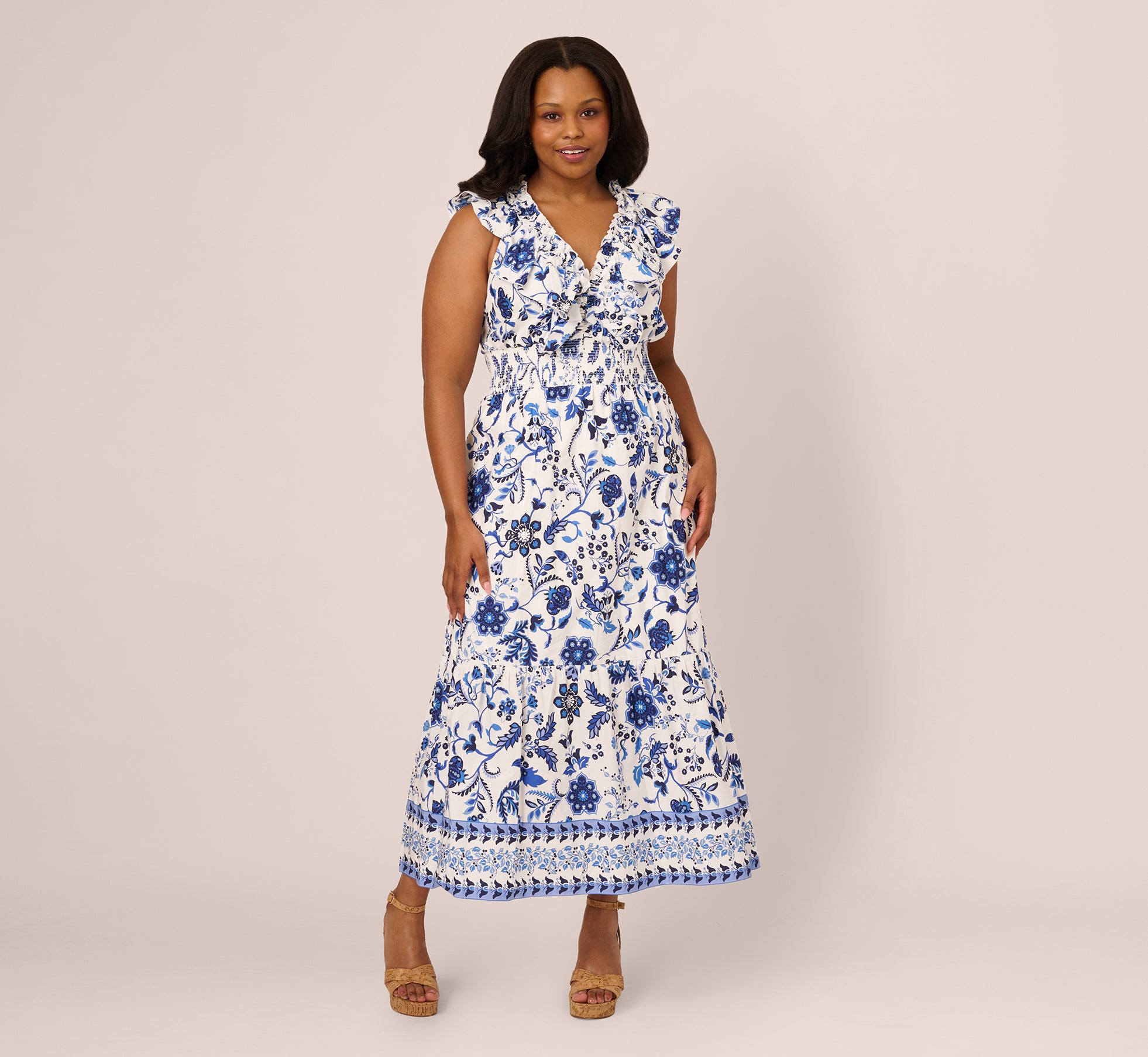 Plus Size Sleeveless Ruffle Collar Floral Print Midi Dress - White & Blue Floral Pattern for Women, Perfect for Summer Weddings, Garden Parties & Casual Outings
