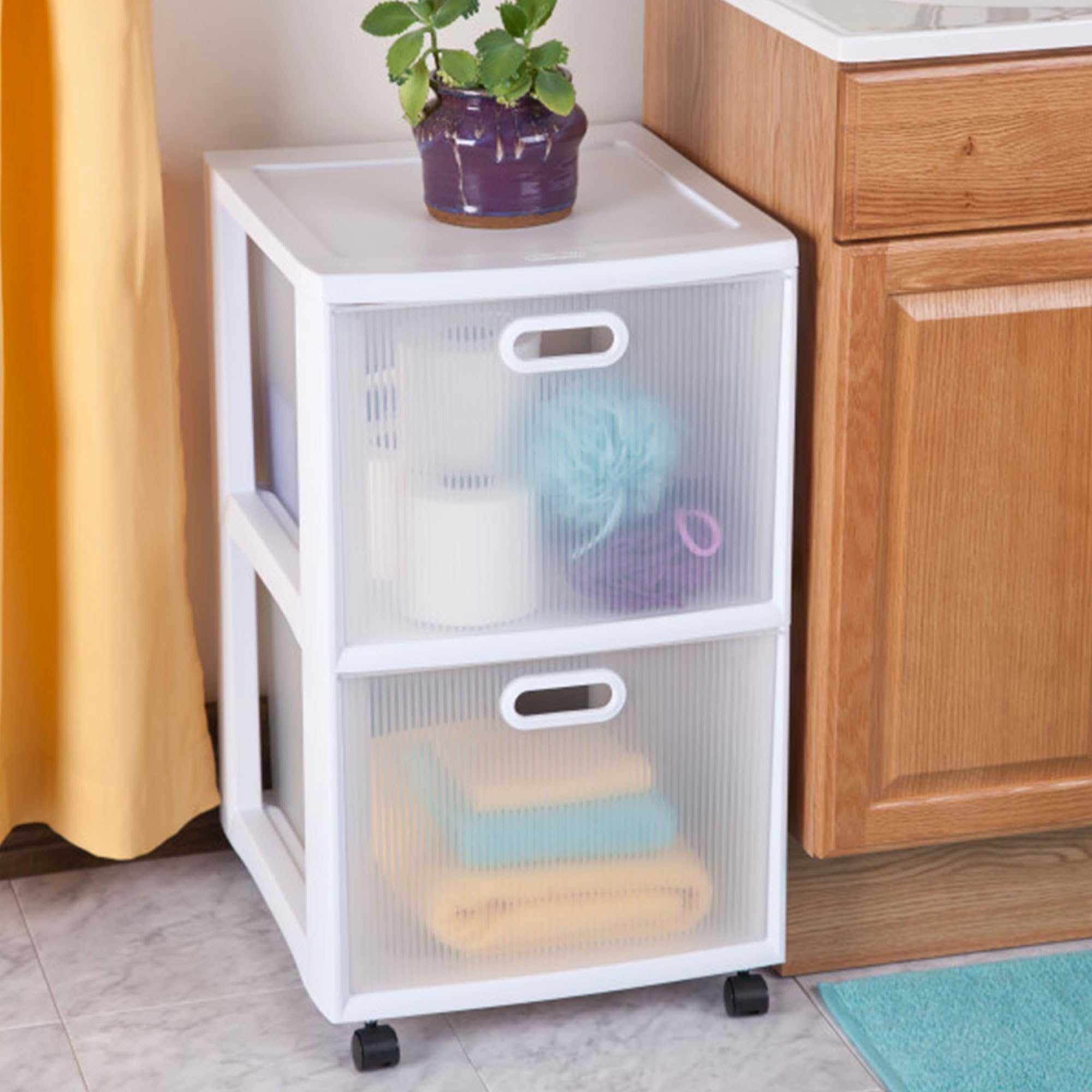 Sterilite Ultra 2-Drawer File Storage Cart with Wheels - White Plastic Rolling Organizer for Office, Desk, Home - 6-Pack Set with Textured Clear Drawers - Perfect for Document Filing, School Supplies & Workspace Organization