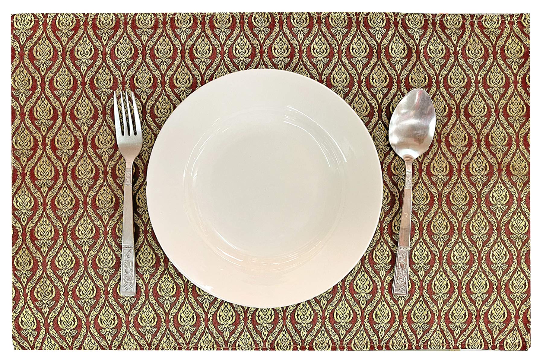 AMORNPHAN Traditional Thai Silk Damask Brocade Table Runner & Placemats Set - Handwoven 100% Silk Dining Table Decor (1 Runner + 4 Placemats) - Elegant Table Setting for Weddings, Parties & Home Decor