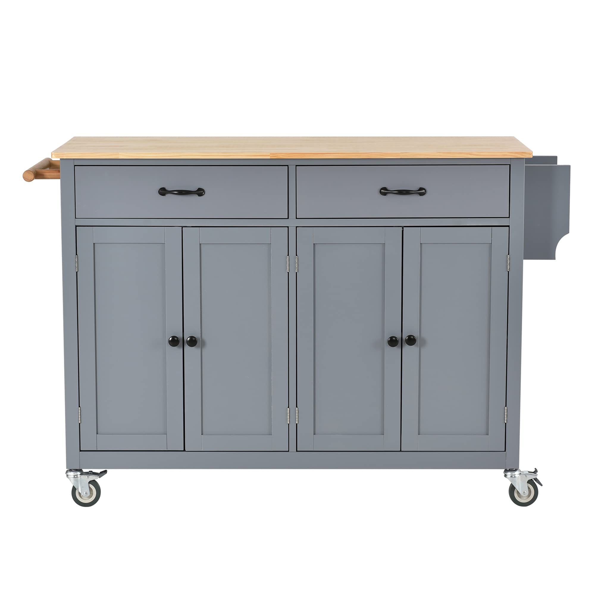 P PURLOVE Kitchen Island with Storage Cabinets & Drawers, Large Double Door Cabinet with Solid Wood Top, Towel Rack & Spice Rack - Dusty Blue | Perfect for Small Kitchen Organization, Extra Counter Space & Cooking Prep