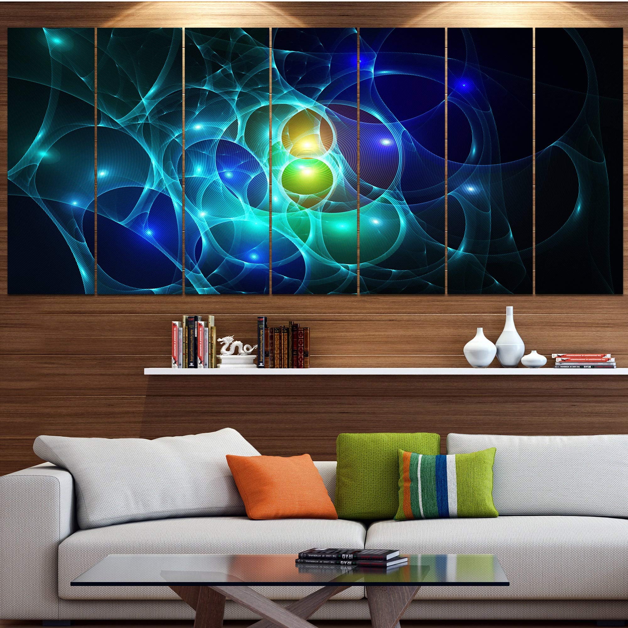 Abstract Wall Art Canvas - DESIGN ART 'Blue Glowing Bubbles Time' Modern Painting 48x28 Inches (4 Panels) for Living Room, Bedroom & Office Decor