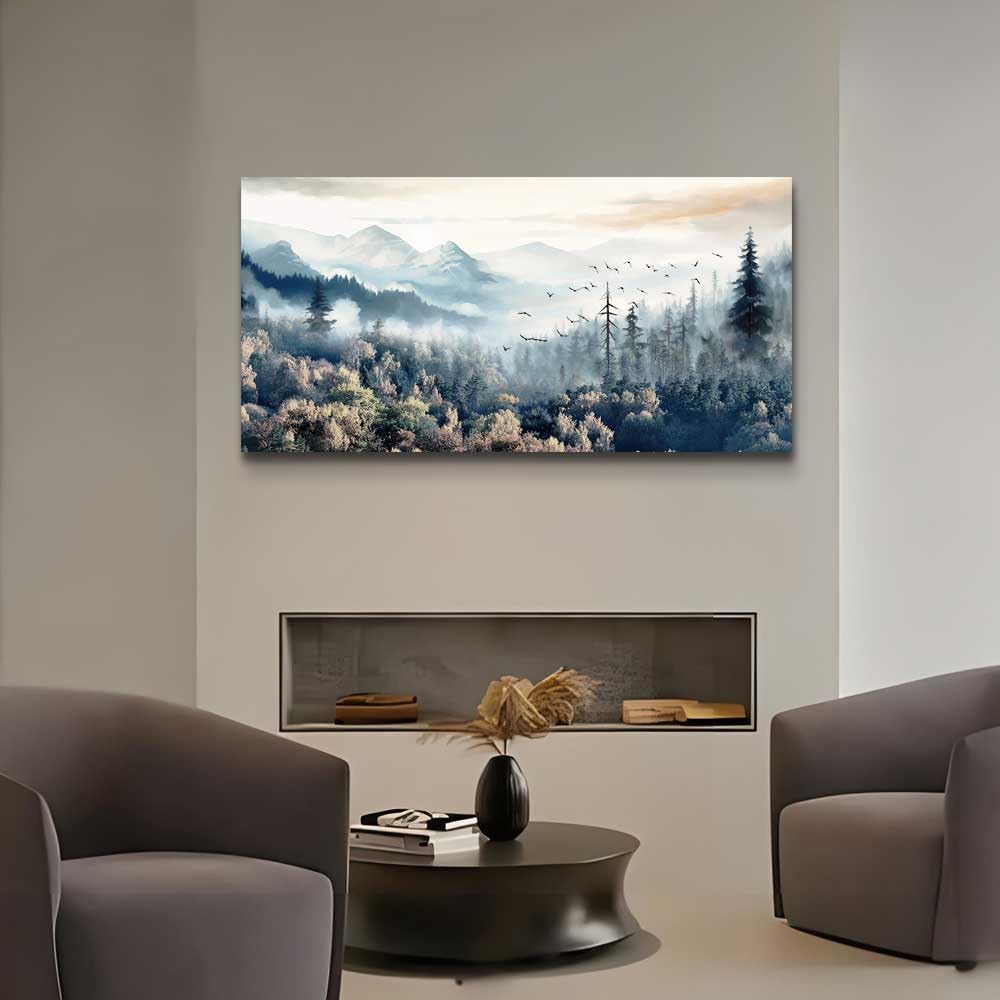 Large Framed Canvas Wall Art - Fog Forest Landscape Painting for Living Room, Office & Bedroom Decor | Premium Home Wall Decorations & Prints | Perfect for Modern Interior Design & Housewarming Gifts