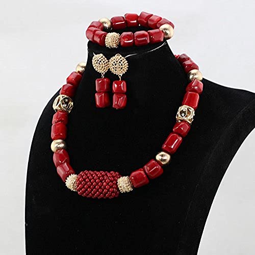 Natural Coral Beads Jewelry Set - Handmade Wine Red Coral Necklace, Earrings & Bracelet for Bridal, Wedding & Boho Fashion | Perfect for Beach Weddings, Bridal Showers & Boho Chic Outfits