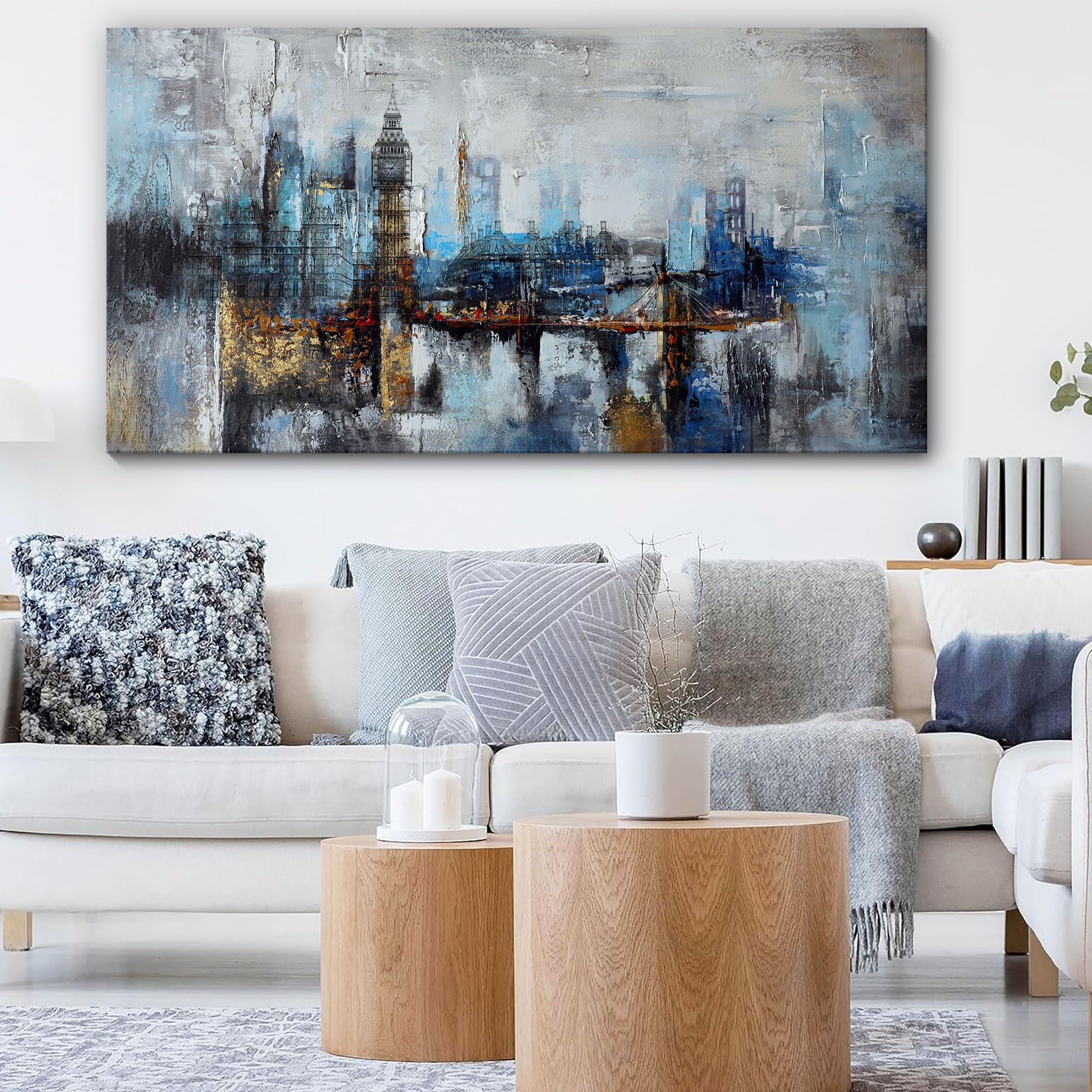Large Abstract City View Canvas Wall Art - Modern Gray Blue Buildings Print for Bedroom, Living Room & Office Decor - 29x58 Inches - Perfect for Contemporary Home & Workspace Styling