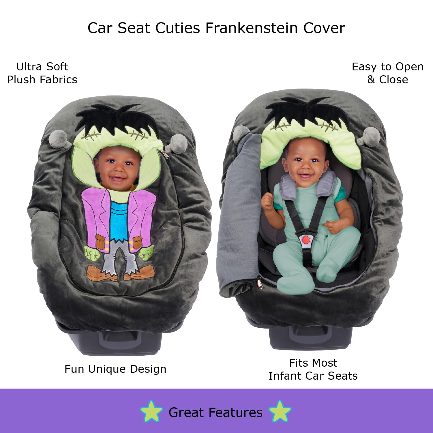 Soft Plush Baby Car Seat Cover for Infant Seat & Stroller - Cozy Blanket & Halloween Costume (Frankenstein) - Perfect Newborn Gift for Travel, Shopping & Photo Shoots