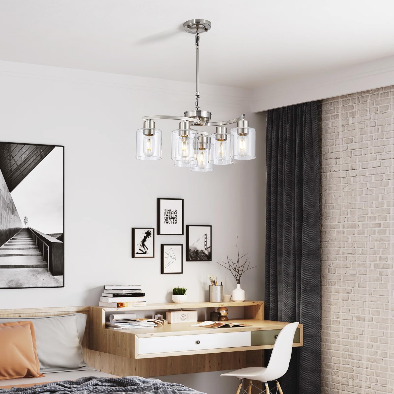 Modern Brushed Nickel Chandelier - Adjustable Height 6-Light Dining Room Ceiling Fixture for Living Room, Bedroom & Kitchen Island | Elegant Lighting for Home Decor & Dinner Parties