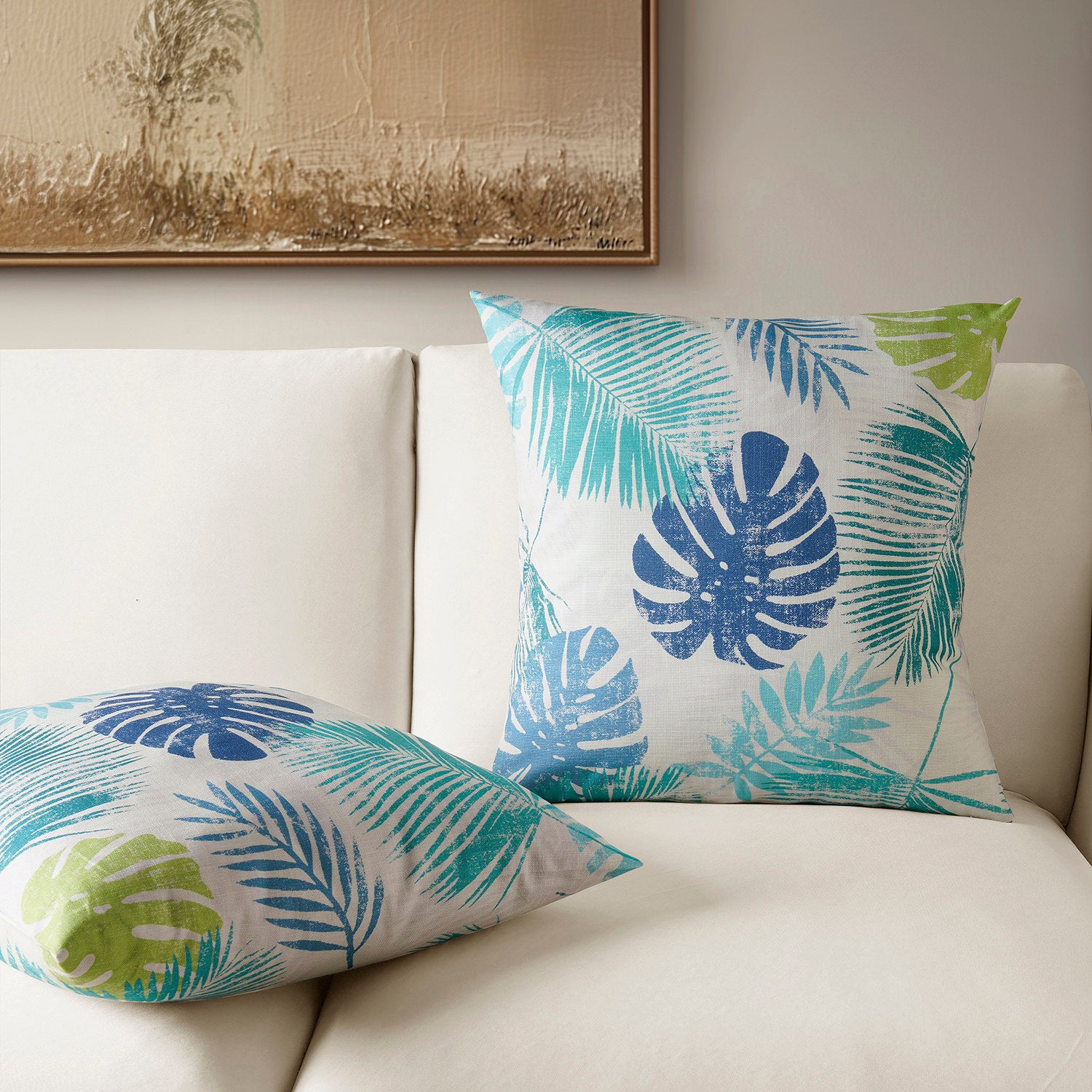 Light Blue Green Floral Printed Cotton Cushion Covers Set of 2 - Soft Textured Rainforest Design for Sofa, Bed & Home Decor