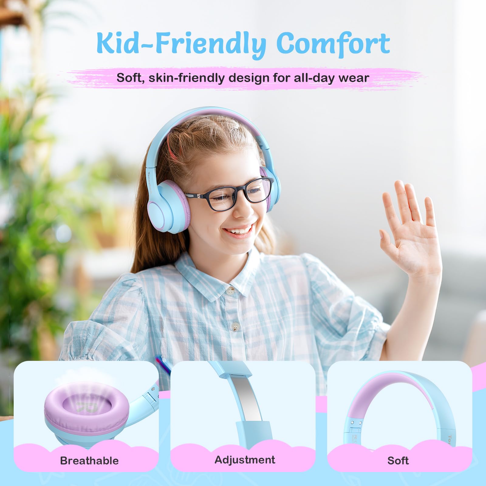Kids Wireless Bluetooth Headphones with Active Noise Cancelling, 60H Playtime, Built-in Mic - Purple Over-Ear Headset for Home, School, Travel & Party (Includes Portable Case) - Perfect for Online Classes, Airplane Rides & Study Sessions