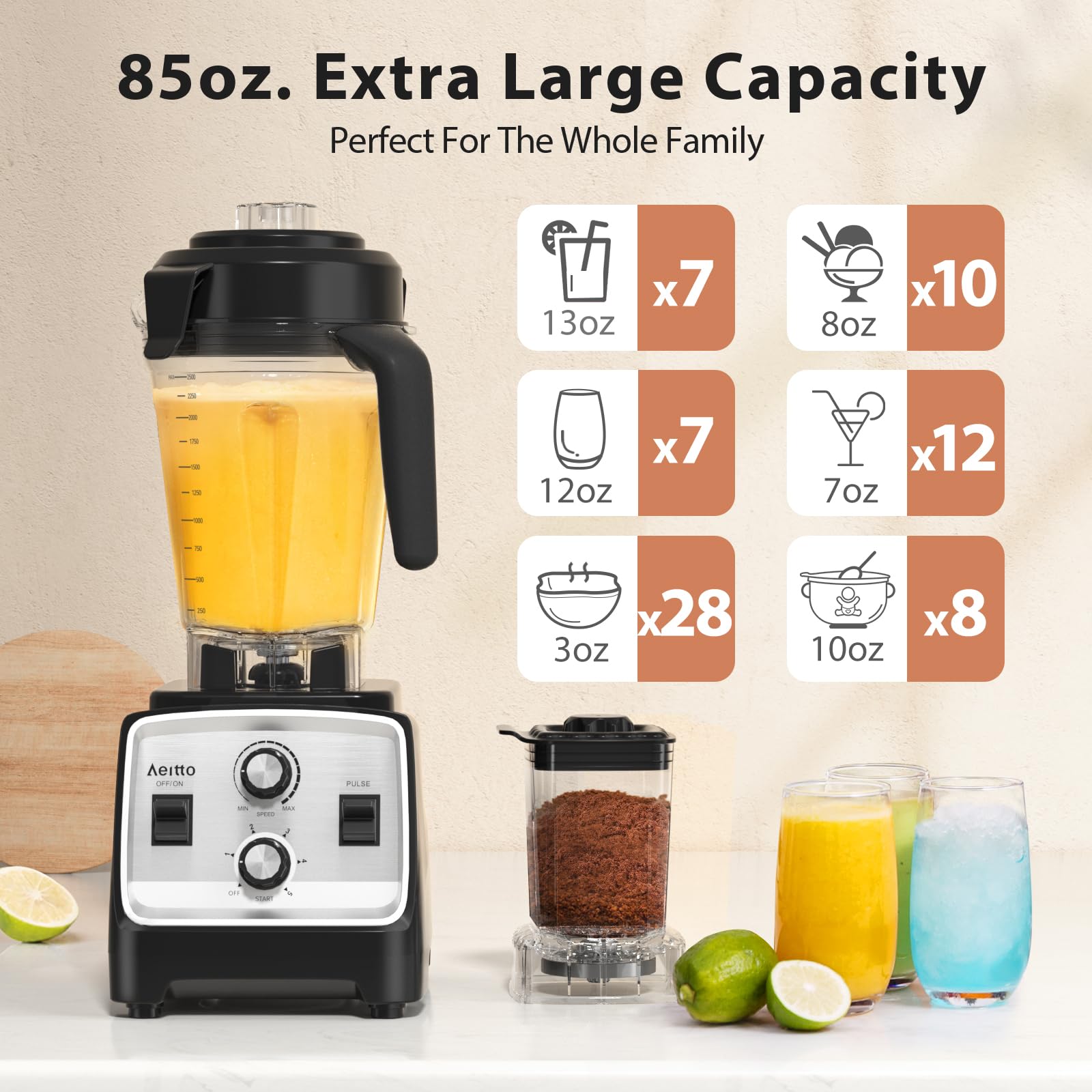 Aeitto 1800W Professional Blender and Grinder Combo - 85oz BPA-Free Large Capacity Countertop Blender for Smoothies, Ice Crushing, Frozen Drinks - Perfect for Home Kitchen, Restaurants, and Healthy Meal Prep (Silver)