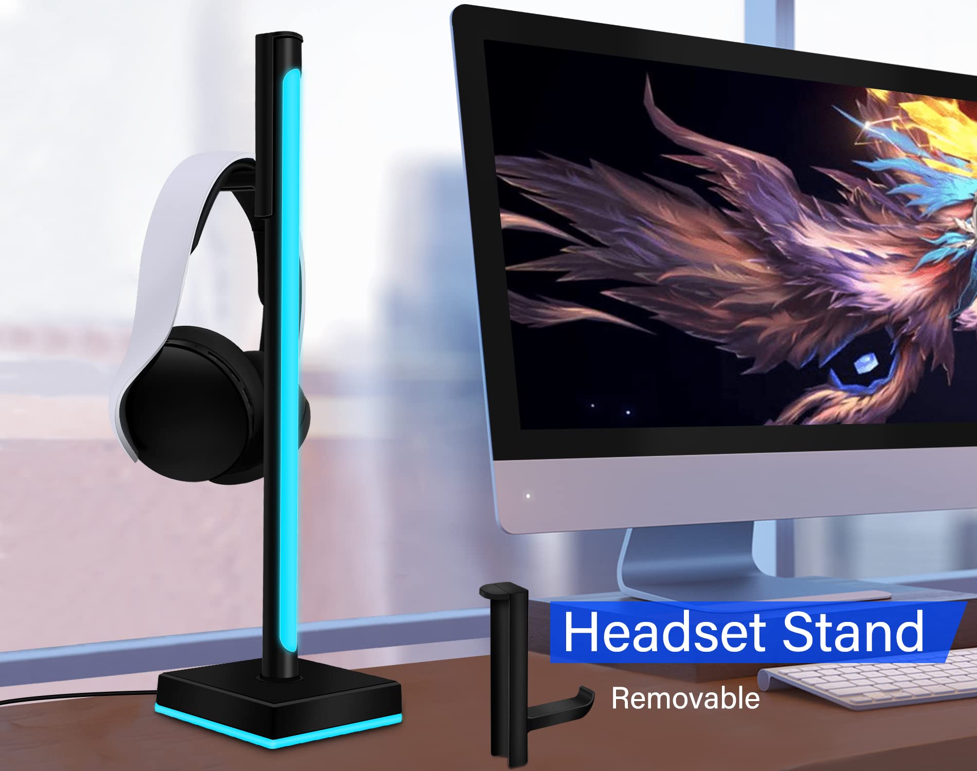 Premium RGB LED Gaming Headset Stand with Ambient Sound Sync - Dual Pack Headphone Holder with Dynamic Lighting for PC, PS5, Xbox Setup - Perfect for Streamers & Esports Enthusiasts Gaming Desk Accessories
