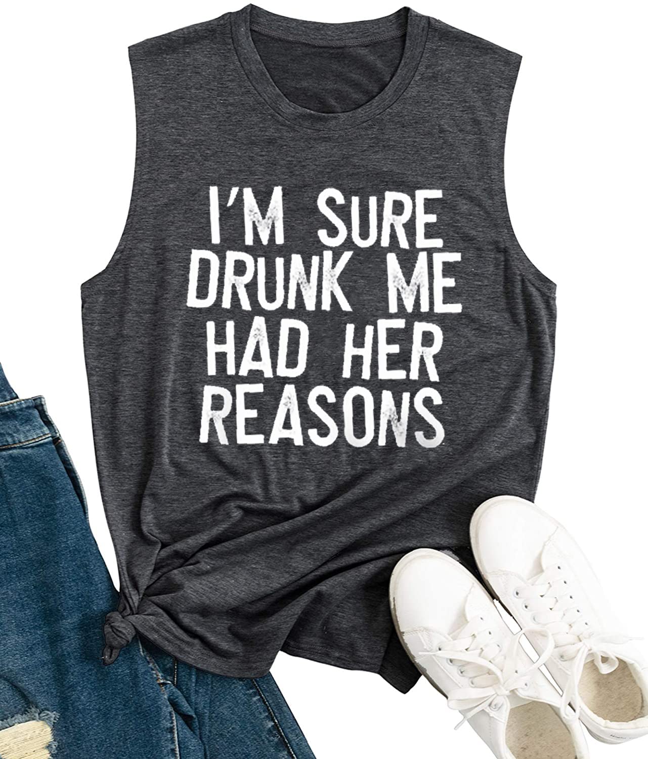 TOWNOWN Funny Drunk Me Had Her Reason Women's Graphic Tank Top - Casual Beach Vacation Summer T-Shirt for Parties, Outings & Relaxing
