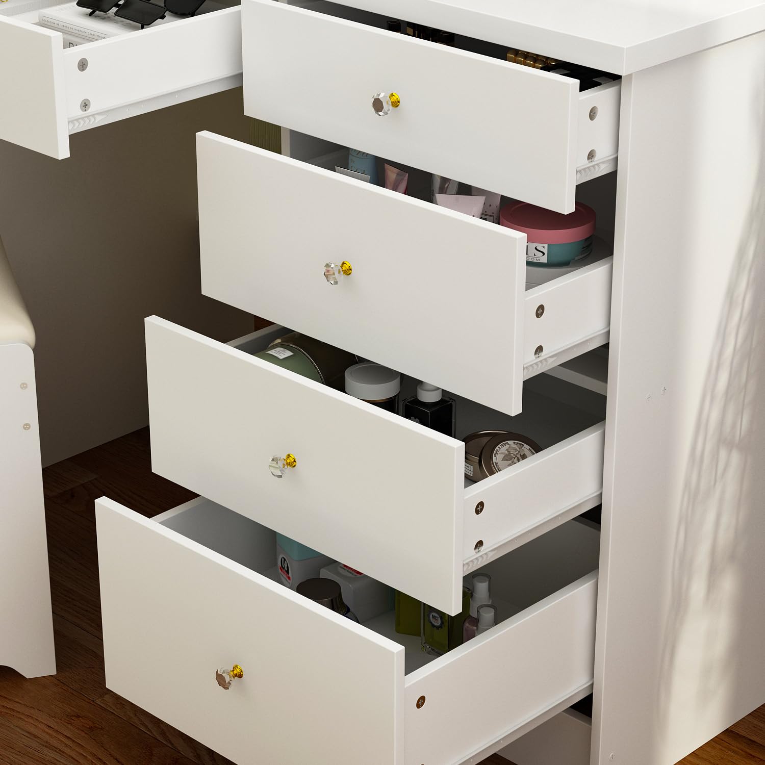 Large Vanity Table Set with Mirror & Stool - 5 Drawers, Shelves, White Sliding Lighted Makeup Dressing Desk for Bedroom, Beauty Salon | Perfect for Makeup Application, Hair Styling & Home Decor