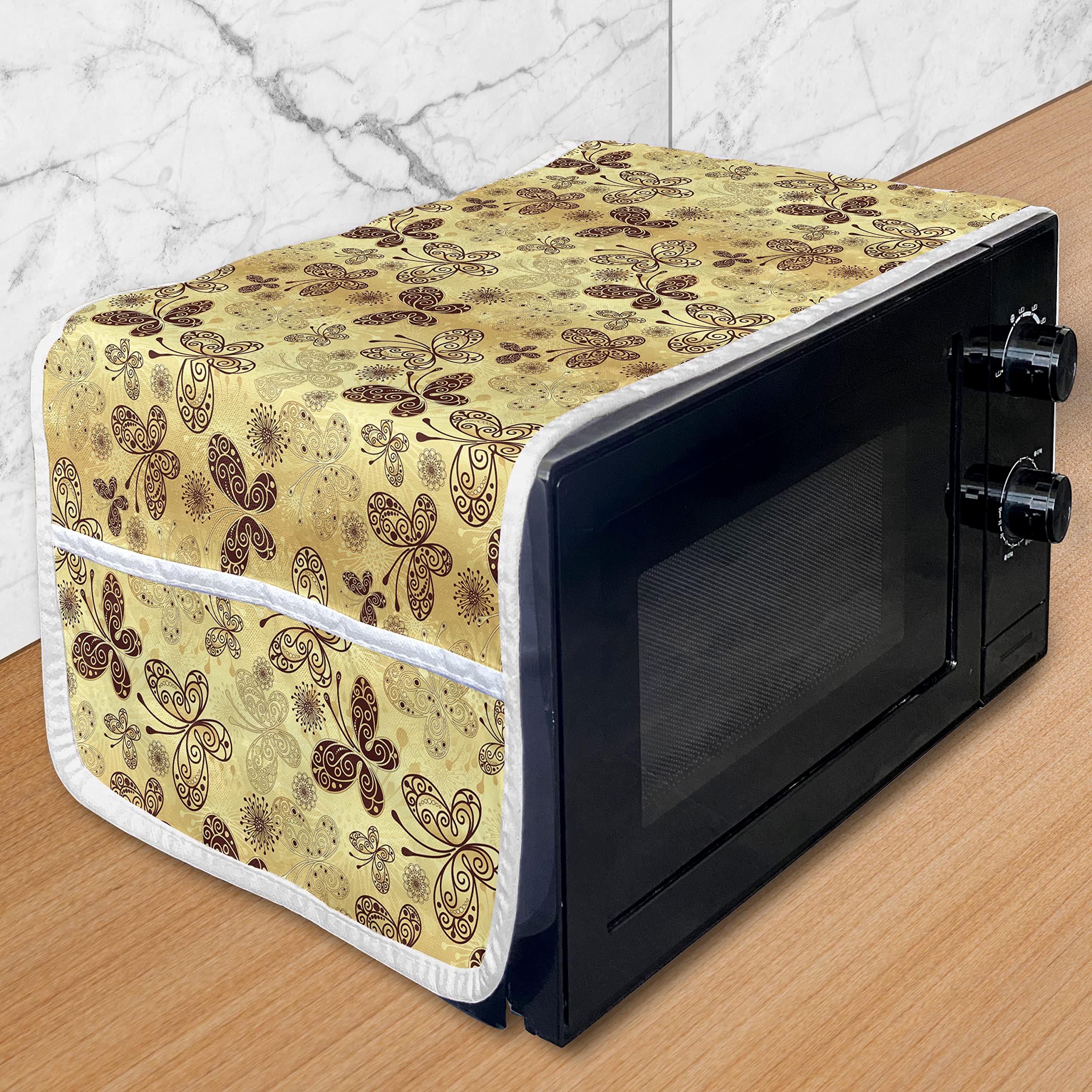 Lunarable Microwave Oven Cover - Waterproof Butterfly Lace Design Kitchen Organizer with Pockets, 36