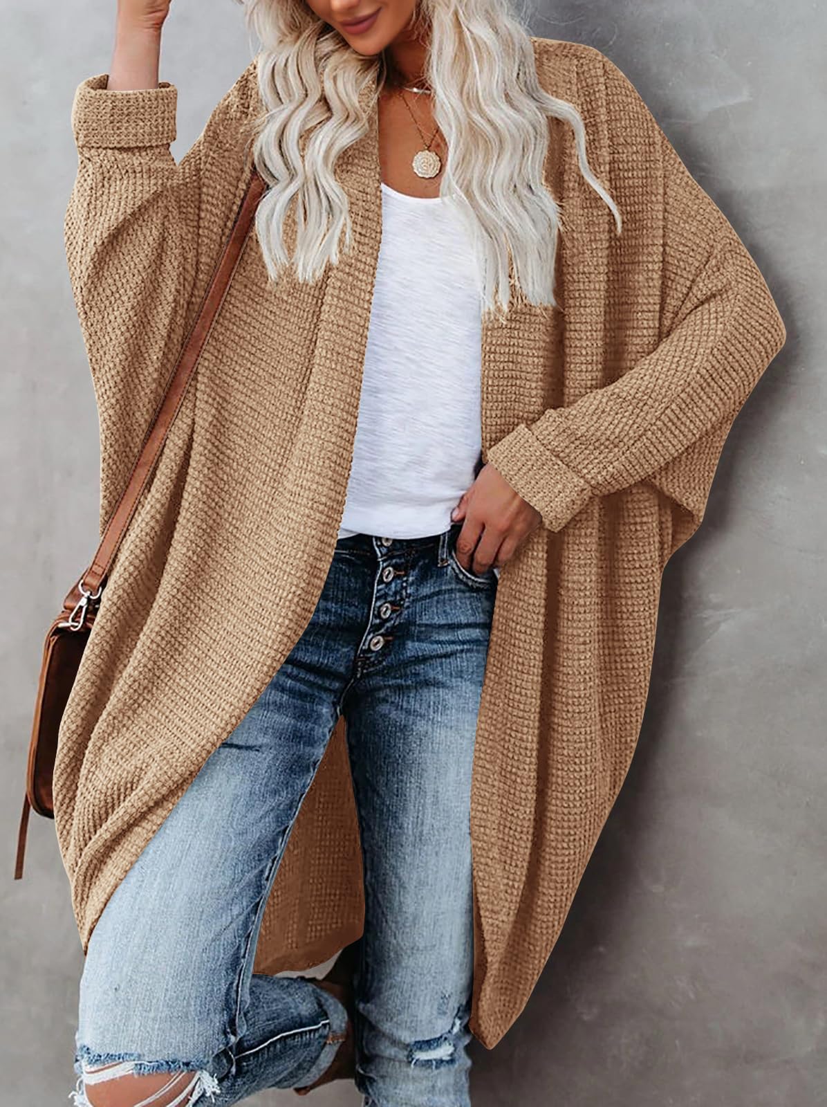 ZoeAce Women's Open Front Knit Cardigan - Long Batwing Sleeve Oversized Chunky Waffle Cable Sweater with Boho Pockets | Perfect for Fall Layering, Coffee Dates & Cozy Home Wear