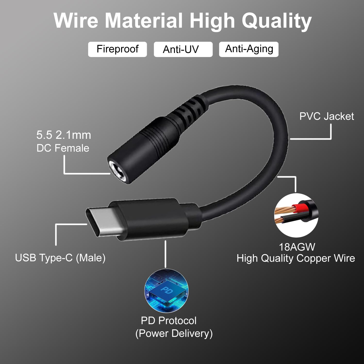 USB C to DC Adapter Cable - USB C Male to 5.5x2.1mm DC Female Power Cord for Starlink Mini, Compatible with 65W+ PD 20V Power Supply - Perfect for Laptops, Routers, LED Lights & Portable Devices