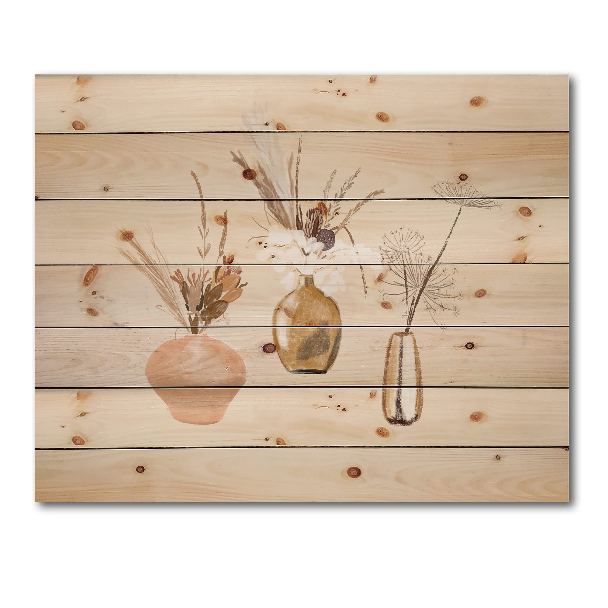 DesignQ Wildflower Bouquets in Gold Vases - Traditional Wood Wall Decor, Beige Floral Wall Art, Large Pine Wood Wall Panels | Perfect for Living Room, Bedroom & Farmhouse Decor