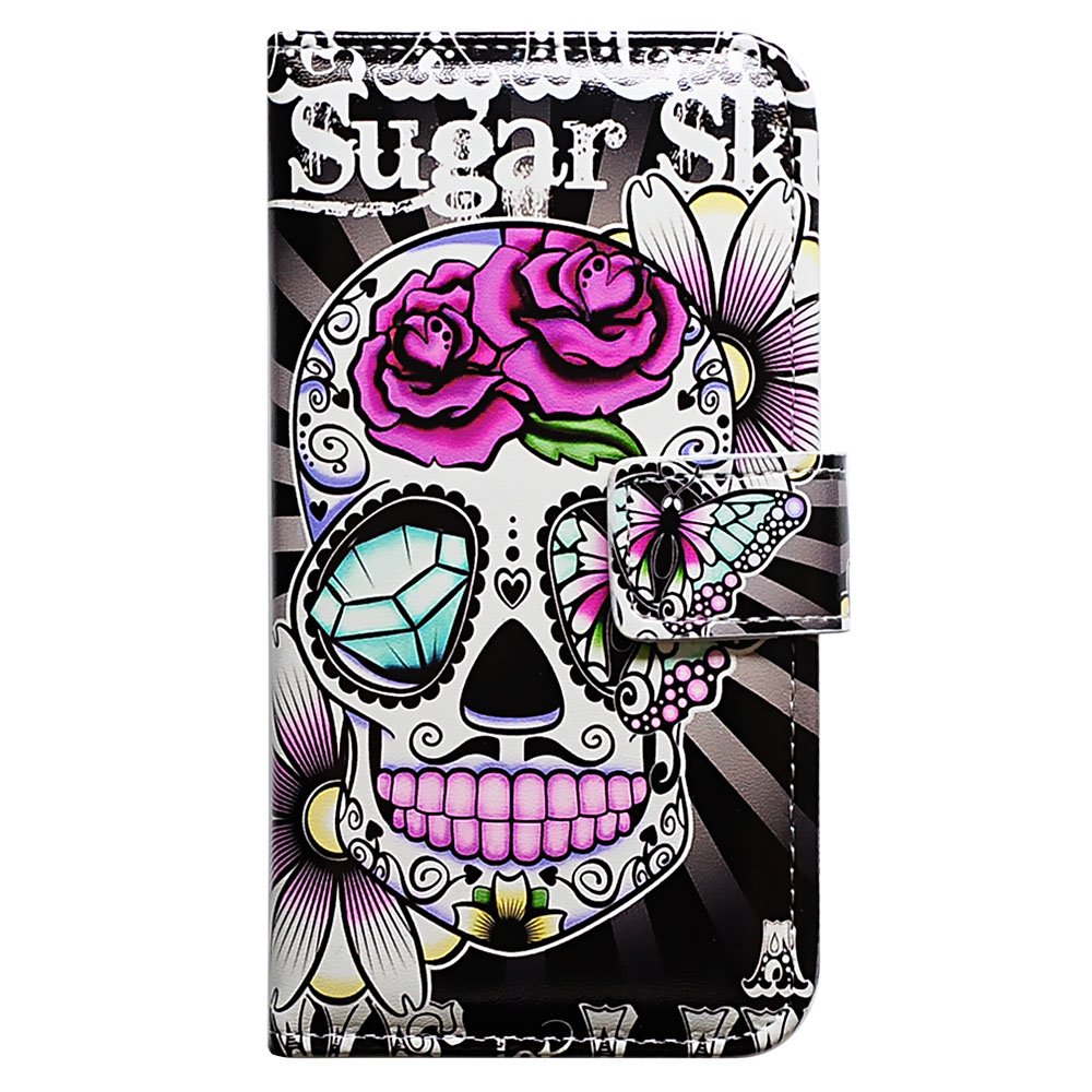 Premium Purple Flower Sugar Skull Leather Flip Wallet Case for iPhone 13 Pro Max - Card Slot Holder & Kickstand | Stylish Protective Cover for Everyday Use & Travel