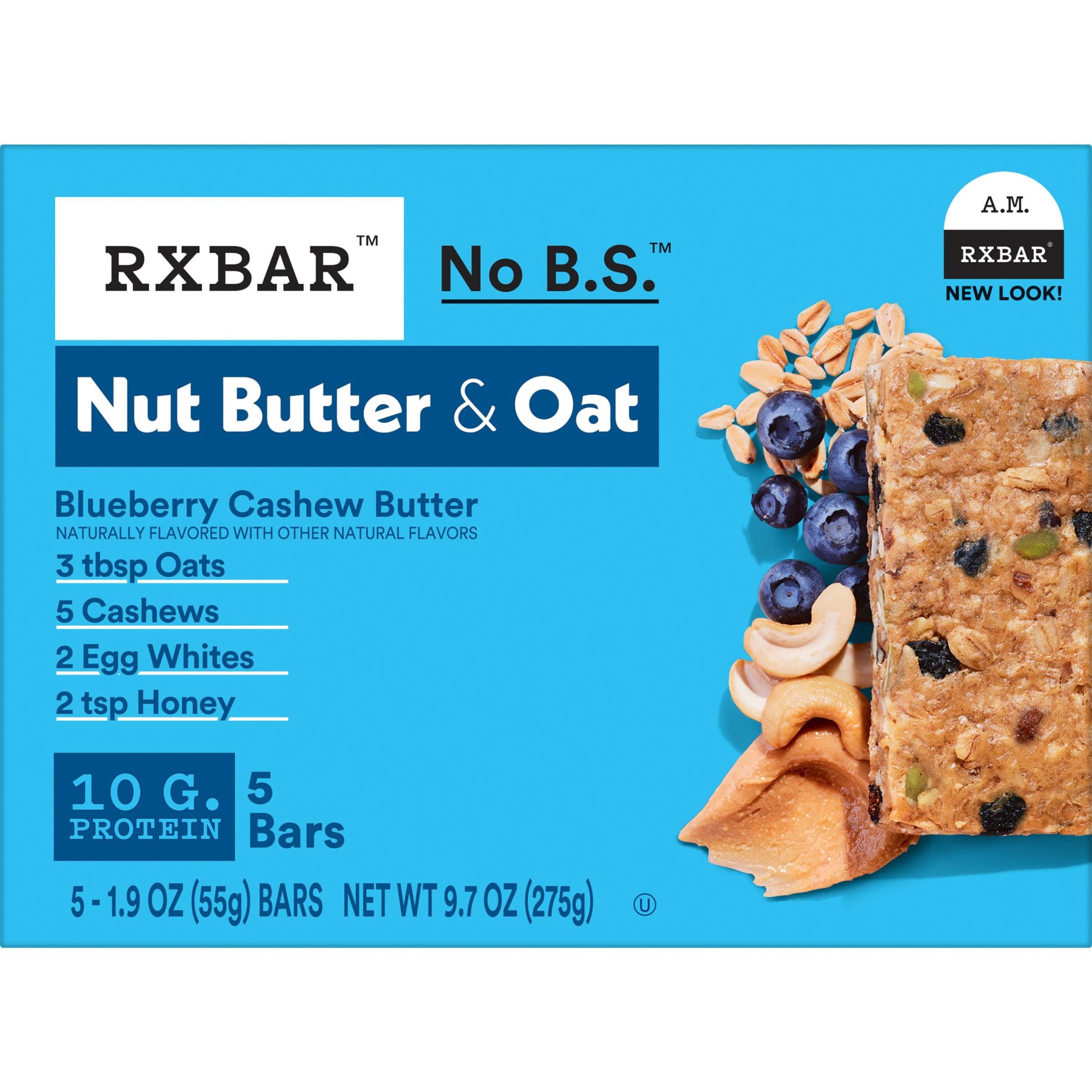 RXBAR Nut Butter and Oat Protein Bars - Blueberry Cashew Butter Flavor, 9.7oz Box (5 Bars) | High Protein Snacks for Workout Recovery, Healthy On-the-Go Breakfast & Office Snacks