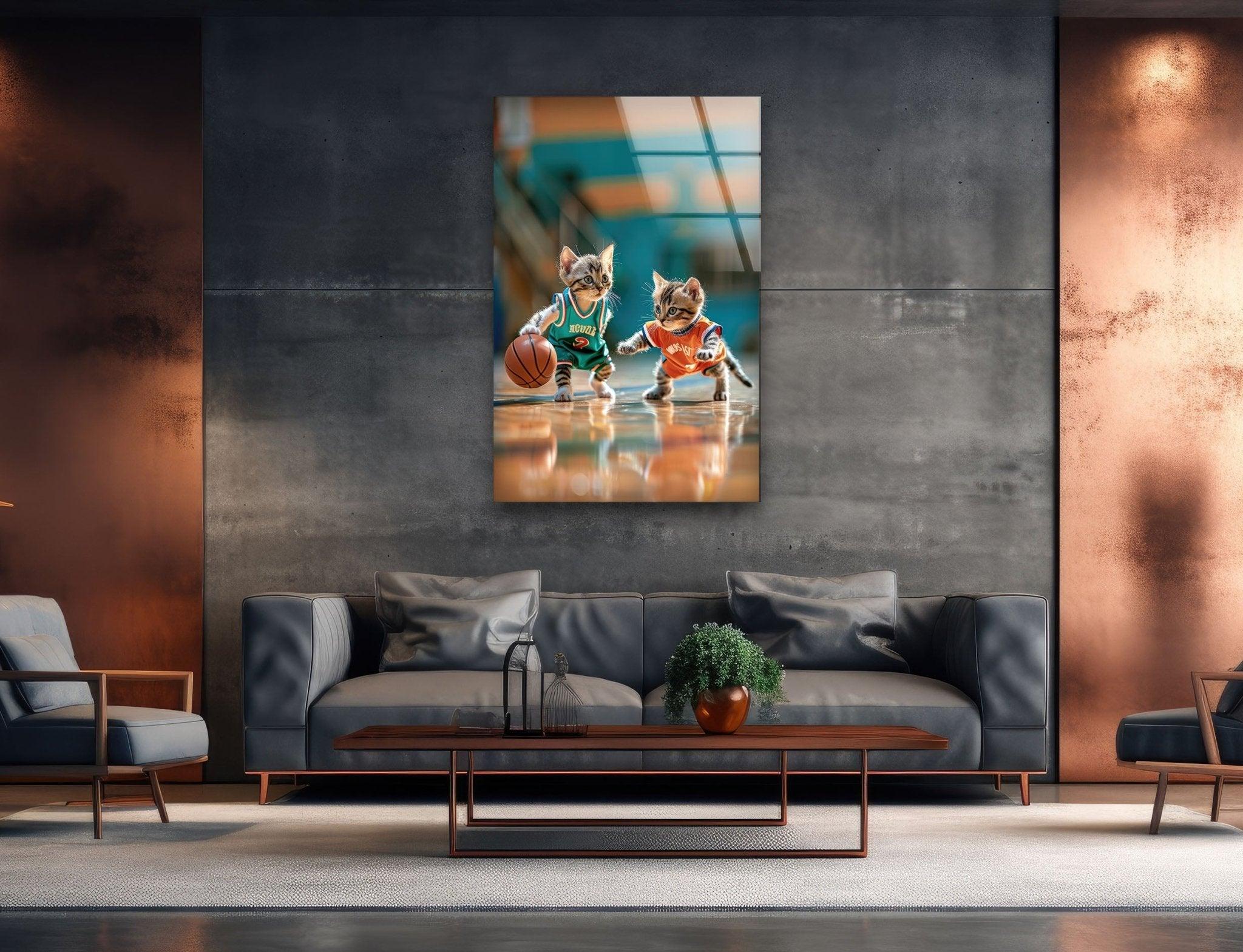 Basketball Player Cats Glass Wall Art - Unique Sports Decor for Cat Lovers - Perfect for Living Room, Bedroom, or Game Room Decorations