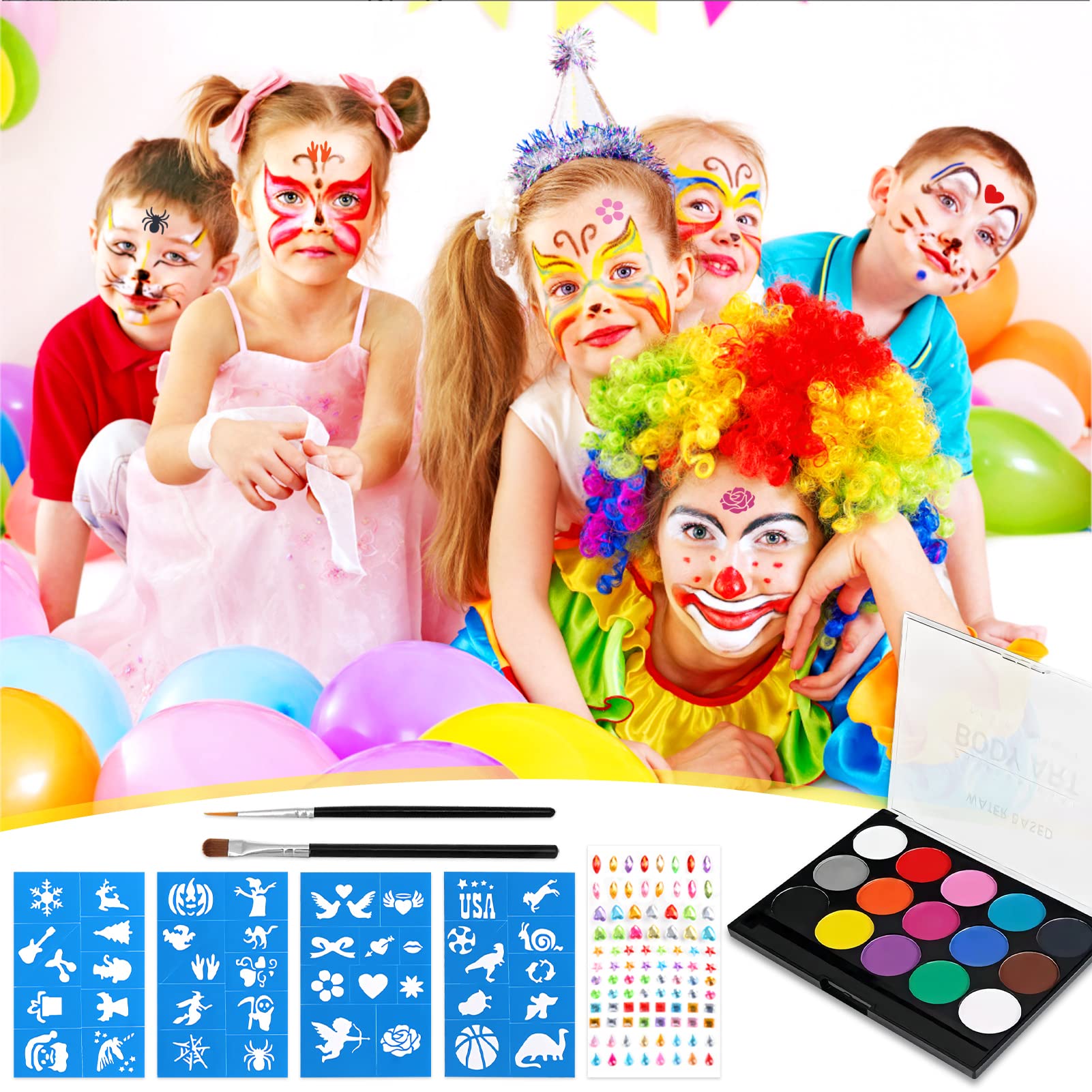 Kids Face & Body Paint Kit - 15 Colors with 4 Stencils & 2 Brushes for Halloween & Carnival Makeup