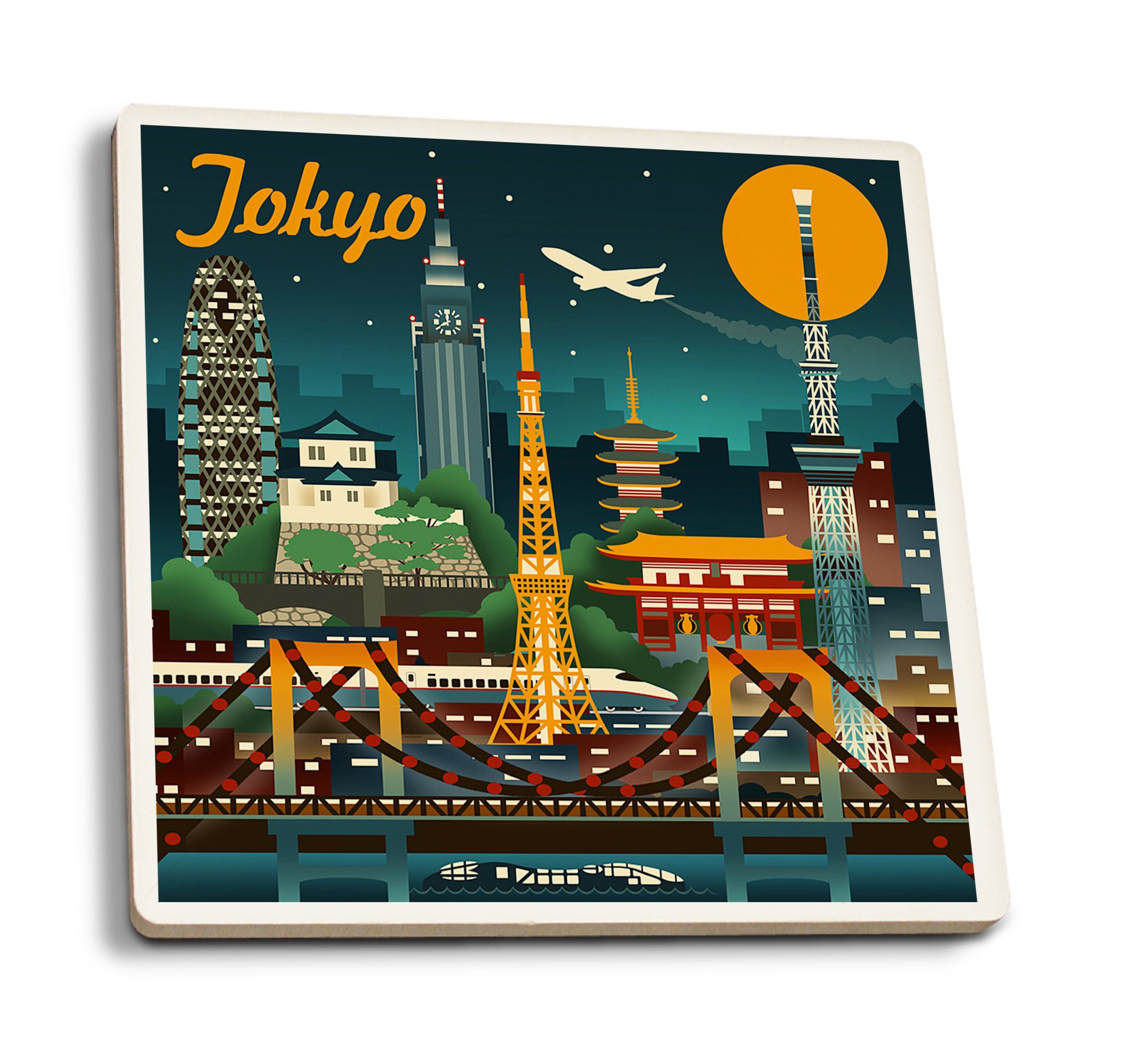 Japan Tokyo Retro Skyline Absorbent Ceramic Coasters Set of 4 - Cork Backed Drink Coasters for Kitchen, Dining Table & Bar Decor - Perfect for Home, Office & Gift Use