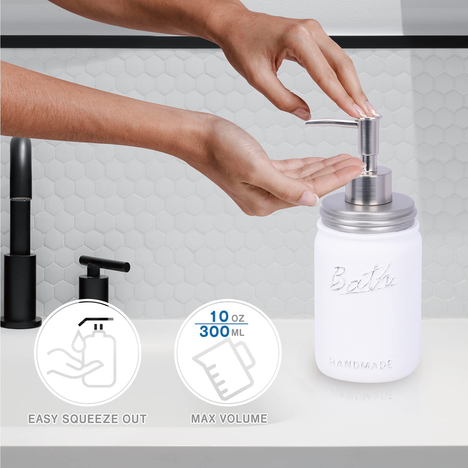 5PCS Mason Jar Bathroom Accessories Set - Toothbrush Holder, Soap Dispenser, Vanity Tray & Cotton Swab Organizer - Rustic Farmhouse Bathroom Decor (Silver/White) for Spa-Like Vanity Organization