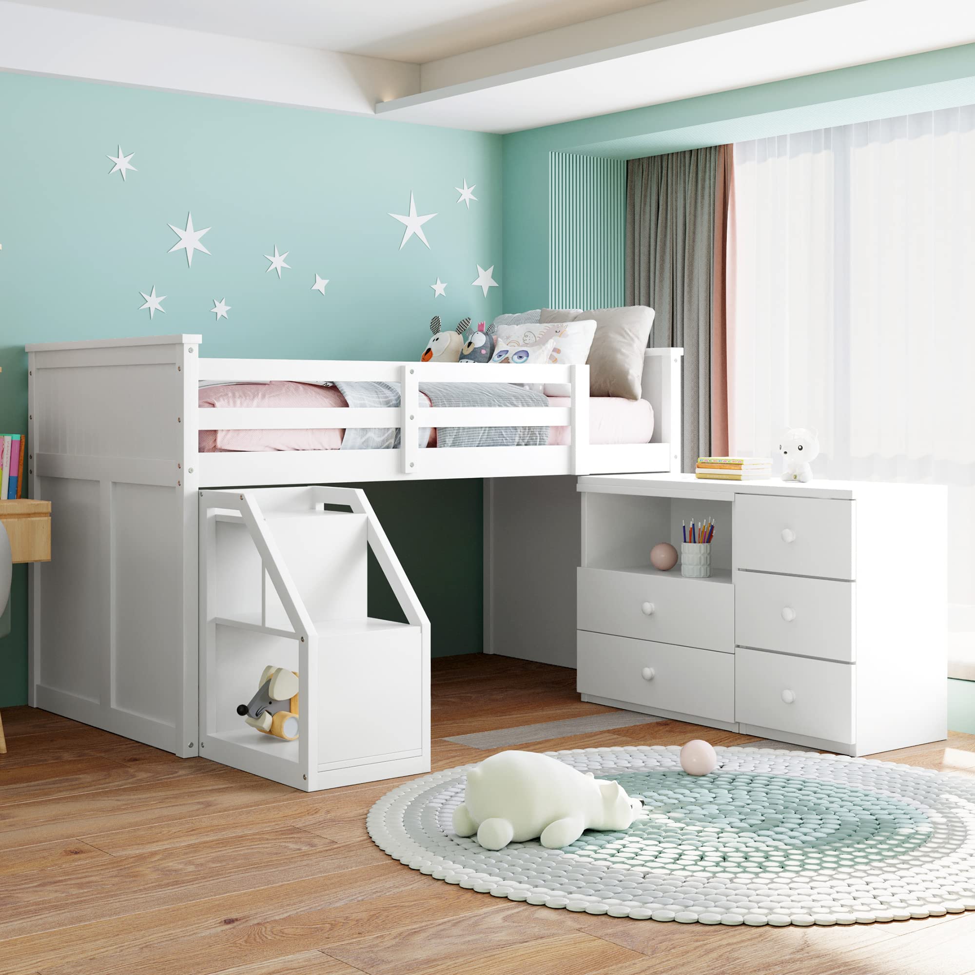 Kids Twin Loft Bed with Study Desk - Low Height Wooden Bunk Bed Frame with Movable Writing Table & Storage Stairs | Perfect for Small Bedrooms, Dorm Rooms & Space-Saving Kids' Rooms
