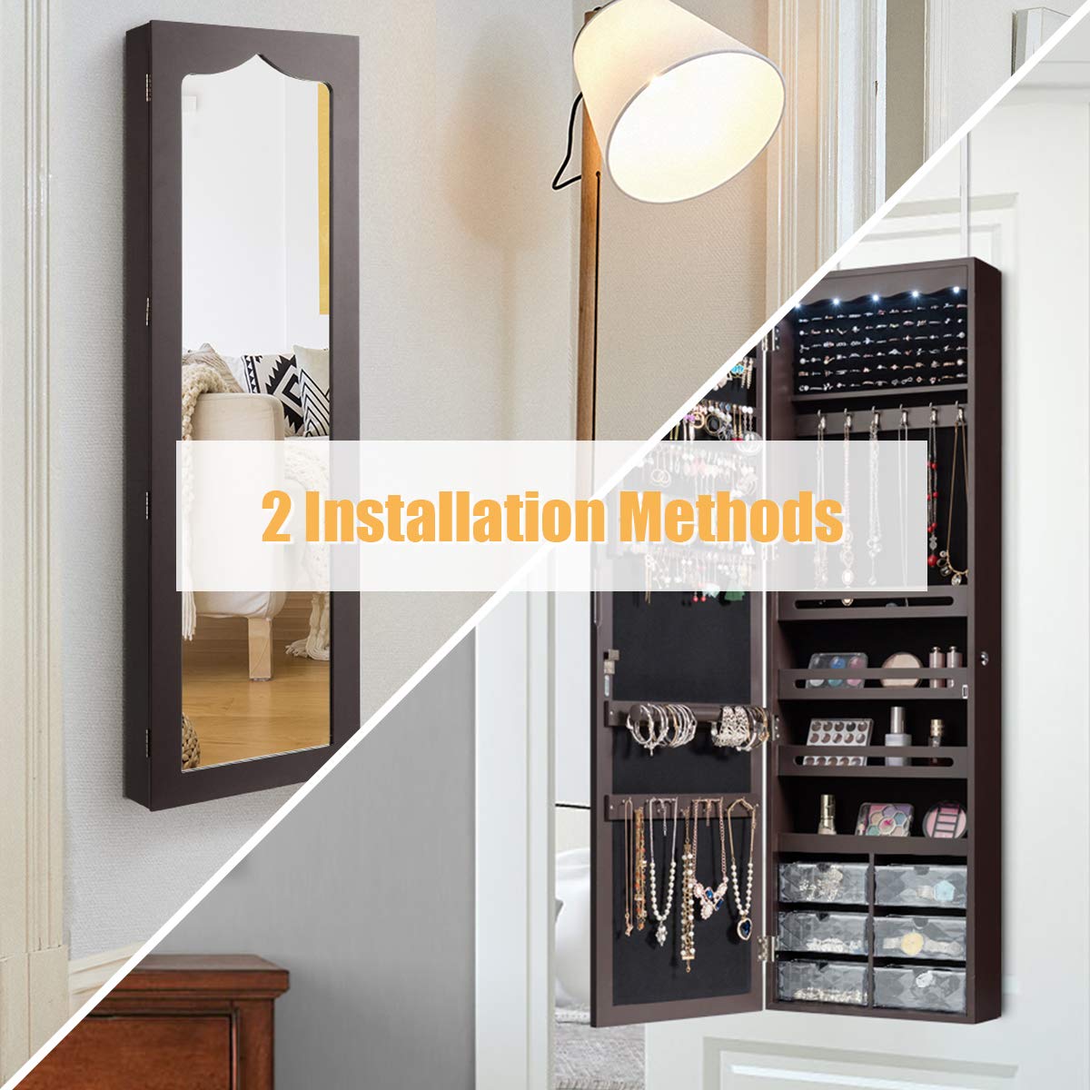 Charmaid Jewelry Cabinet with Mirror & Lights - Large Wall Mount Organizer for Jewelry Storage at Home